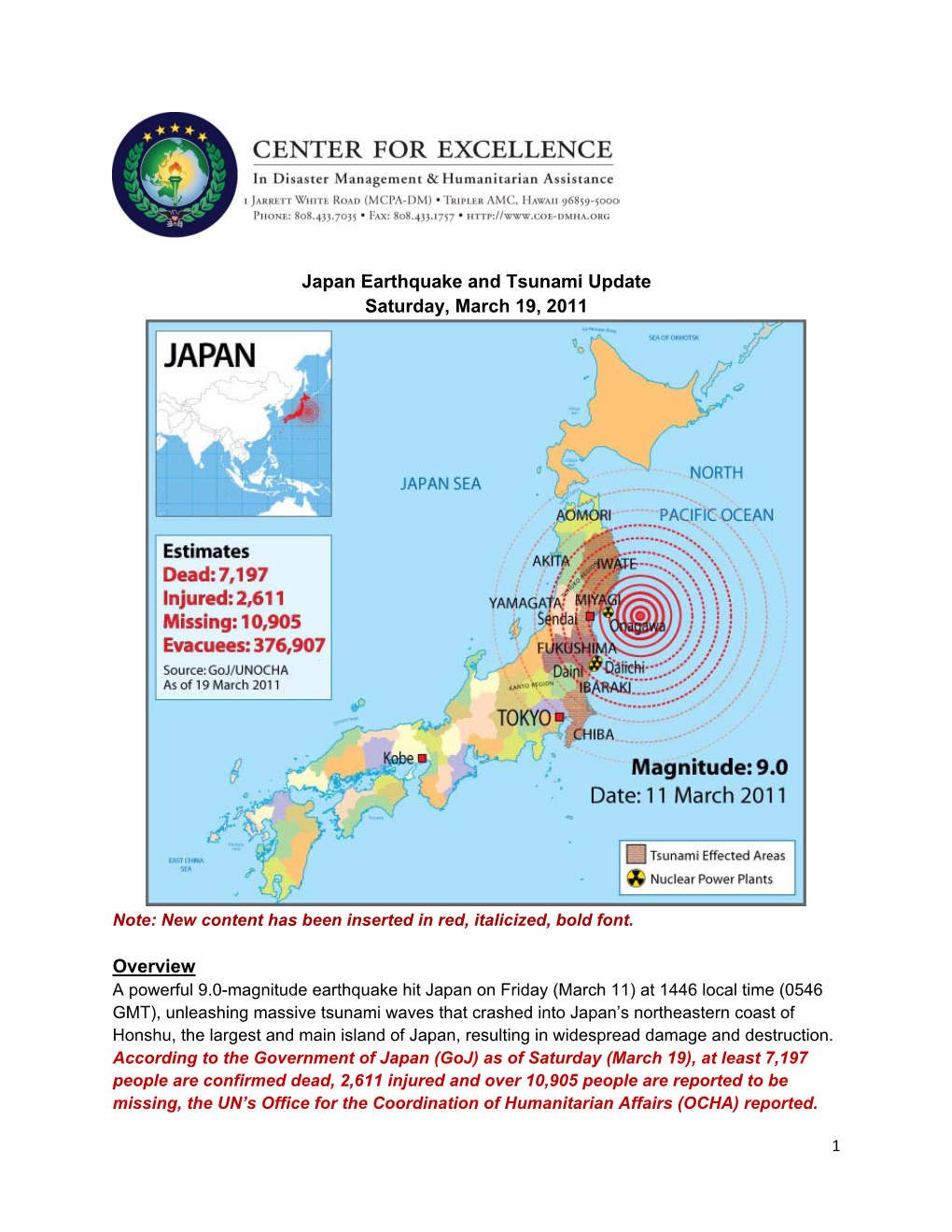 Japan Earthquake and Tsunami Update Saturday, March 19, 2011