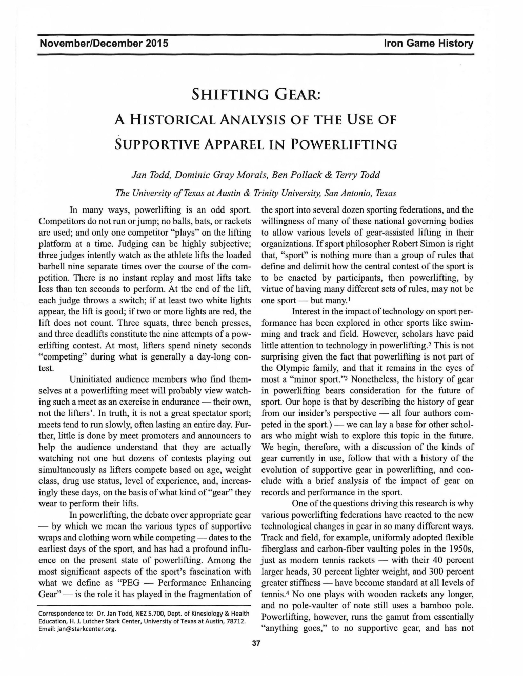 Shifting Gear: a Historical Analysis of the Use of Supportive Apparel in Powerlifting