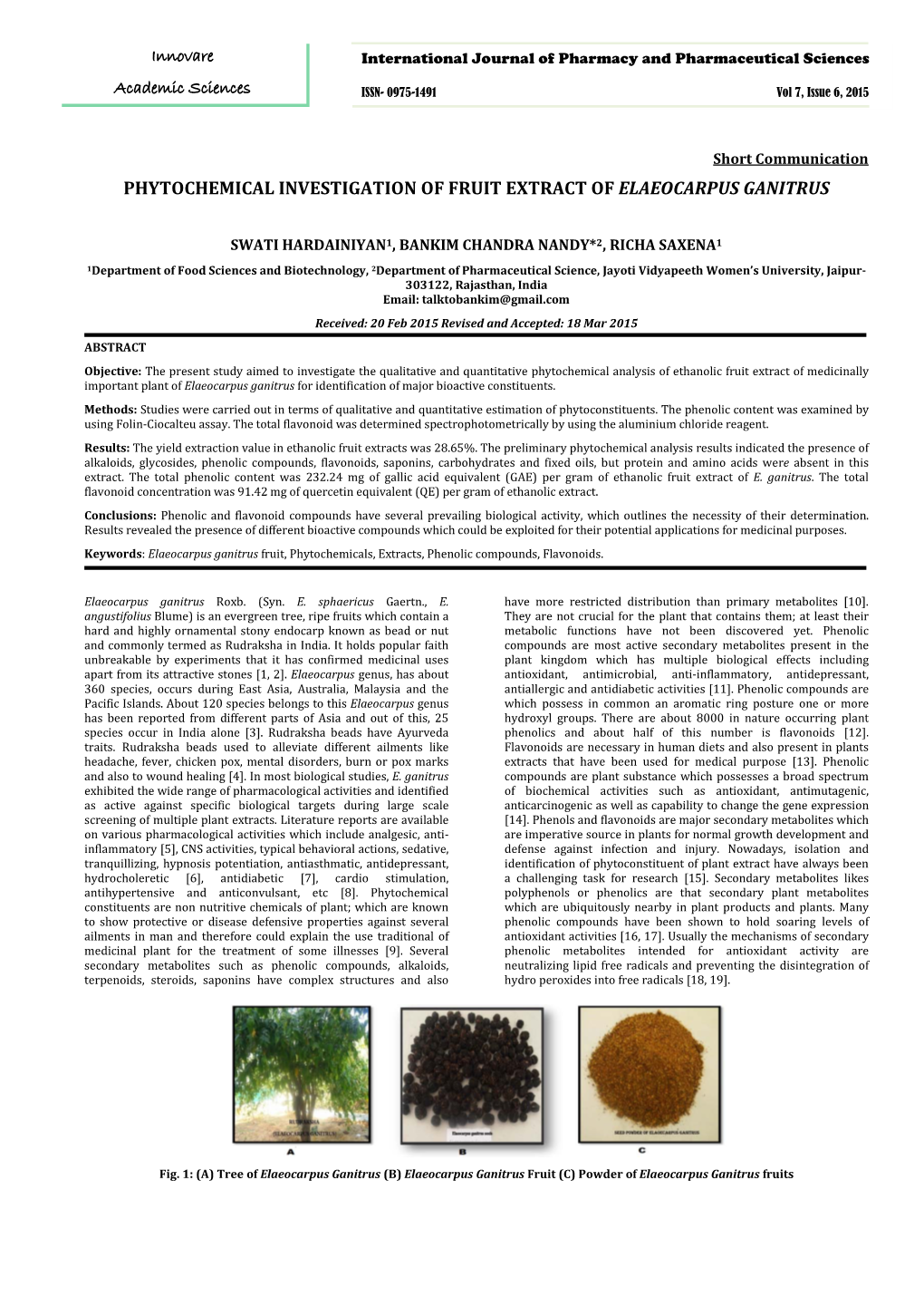 Phytochemical Investigation of Fruit Extract of Elaeocarpus Ganitrus