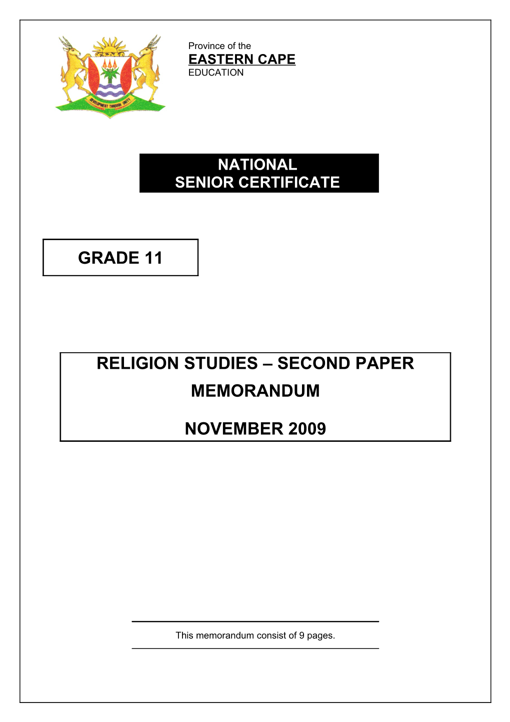 (November 2009) Religion Studies Second Paper 9