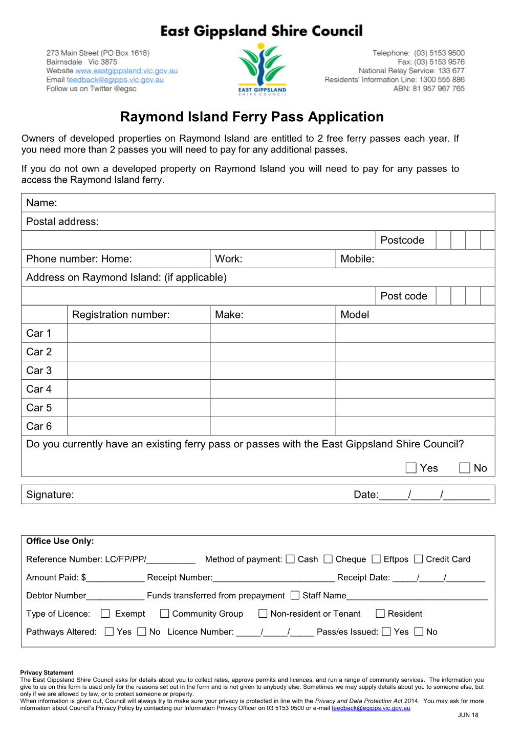Raymond Island Ferry Pass Application
