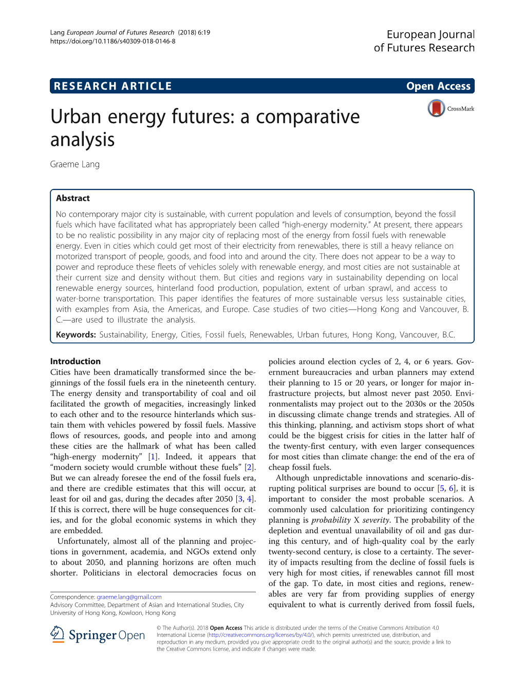 Urban Energy Futures: a Comparative Analysis Graeme Lang