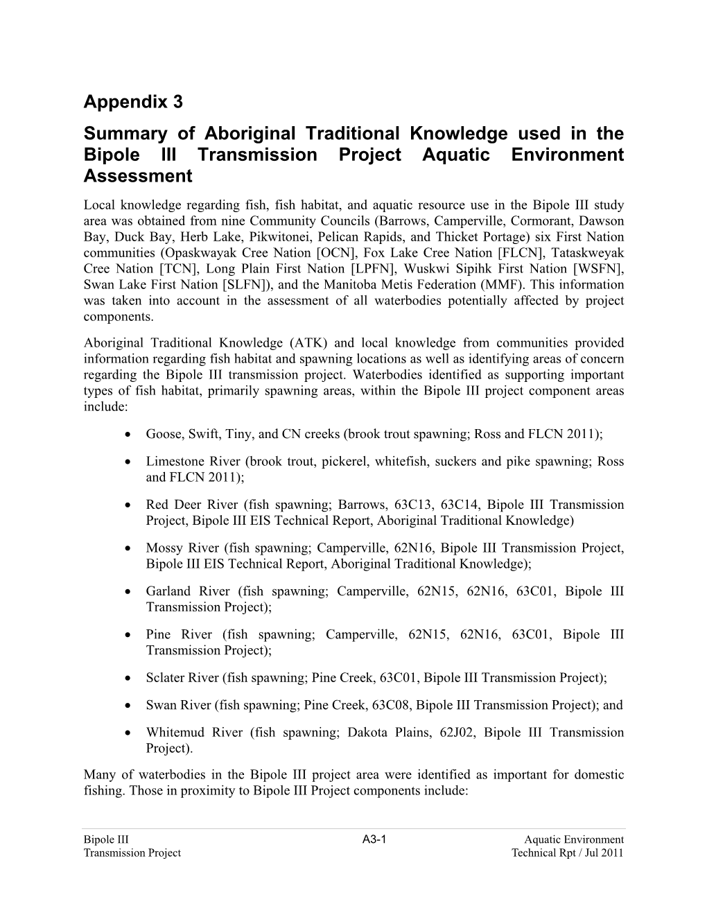 Appendix 3 Summary of Aboriginal Traditional