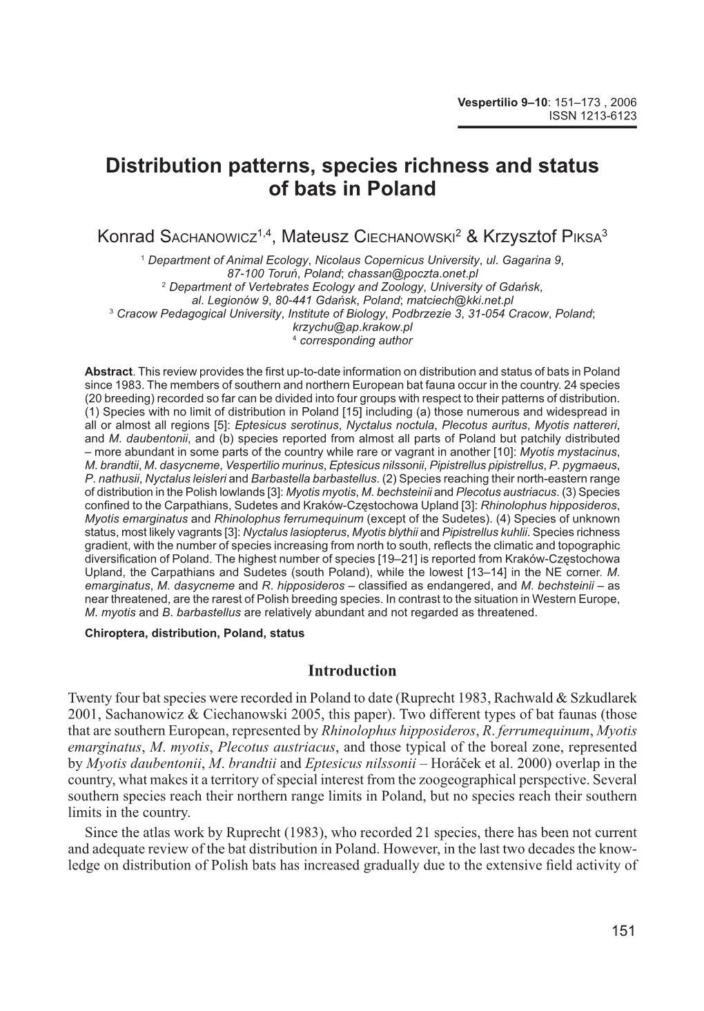 Distribution Patterns, Species Richness and Status of Bats in Poland