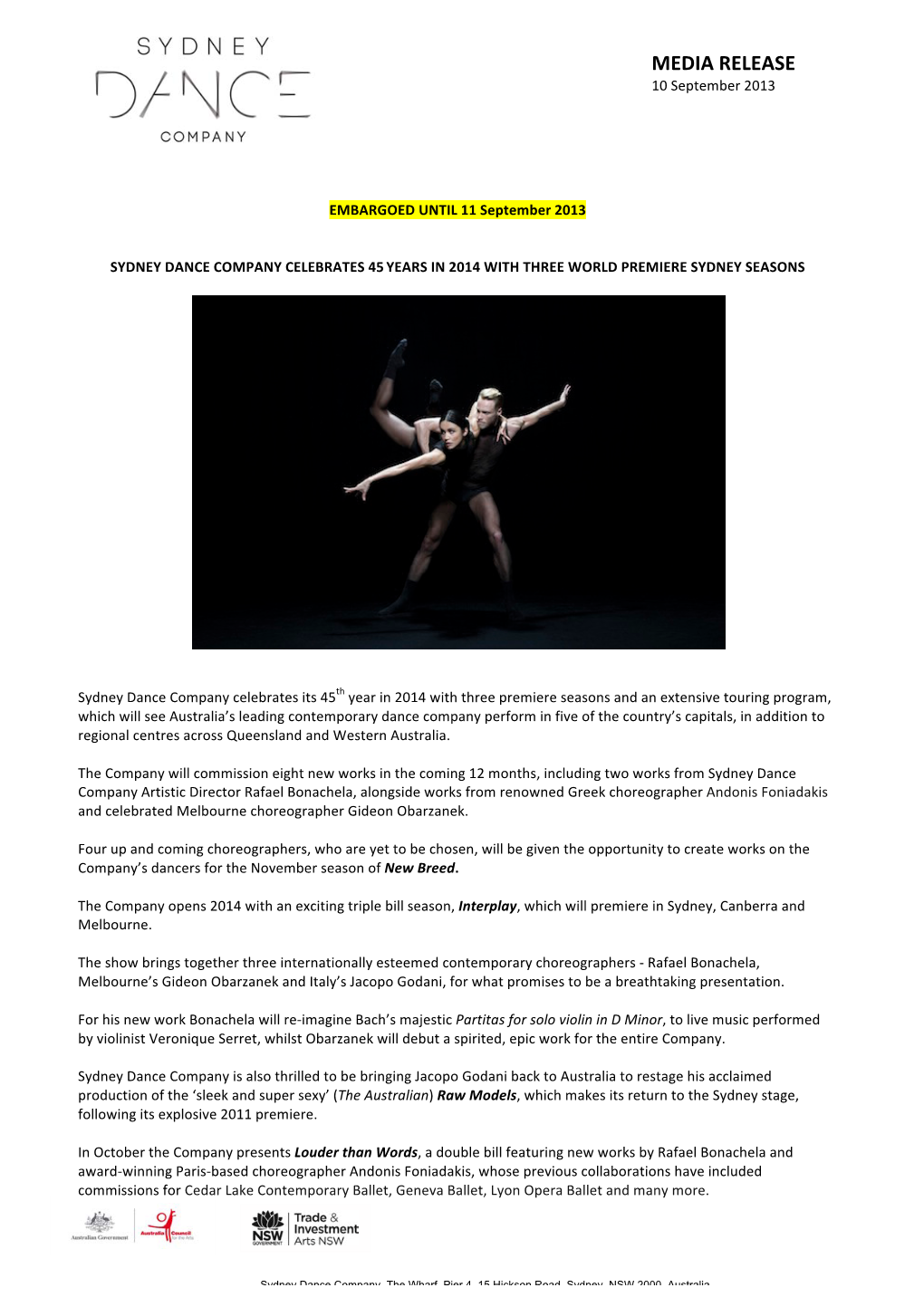 Sydney FINAL Media Release Sydney Dance Company 2014