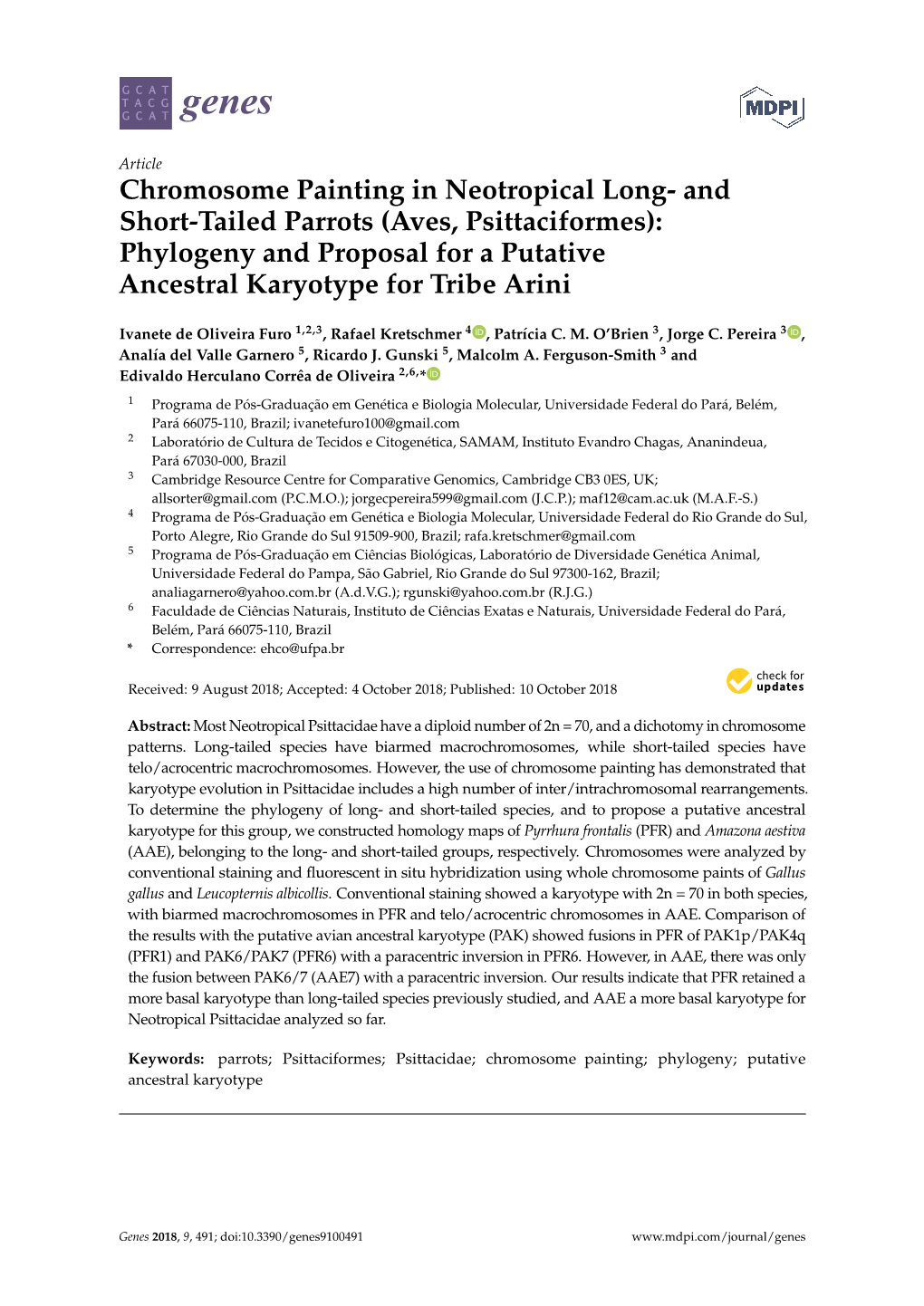 Chromosome Painting in Neotropical Long- and Short-Tailed Parrots (Aves, Psittaciformes): Phylogeny and Proposal for a Putative Ancestral Karyotype for Tribe Arini