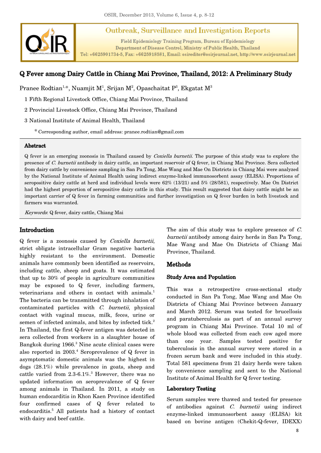 Q Fever Among Dairy Cattle in Chiang Mai Province, Thailand, 2012: a Preliminary Study