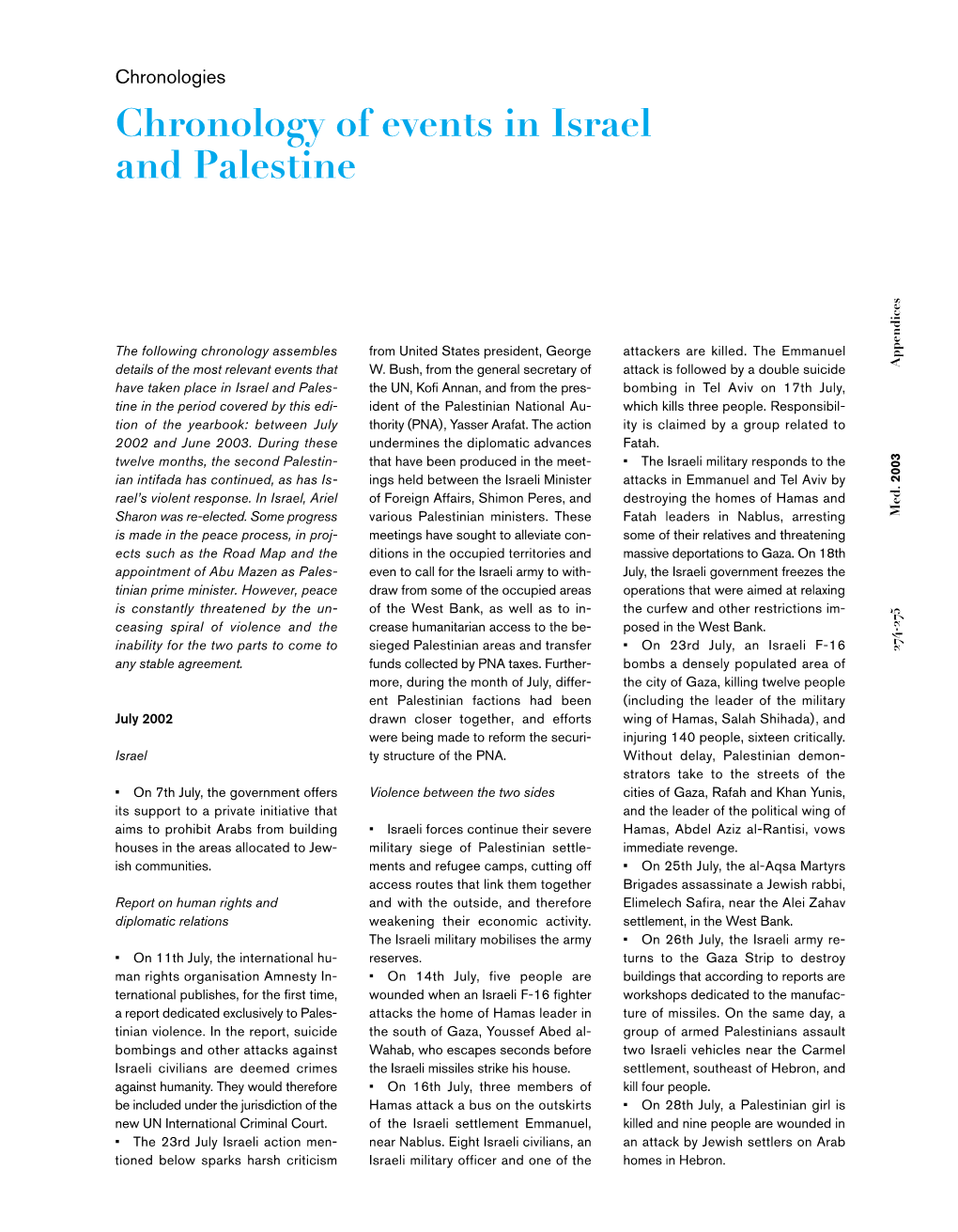 Chronology of Events in Israel and Palestine