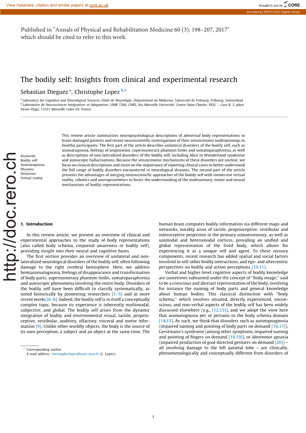 The Bodily Self: Insights from Clinical and Experimental Research