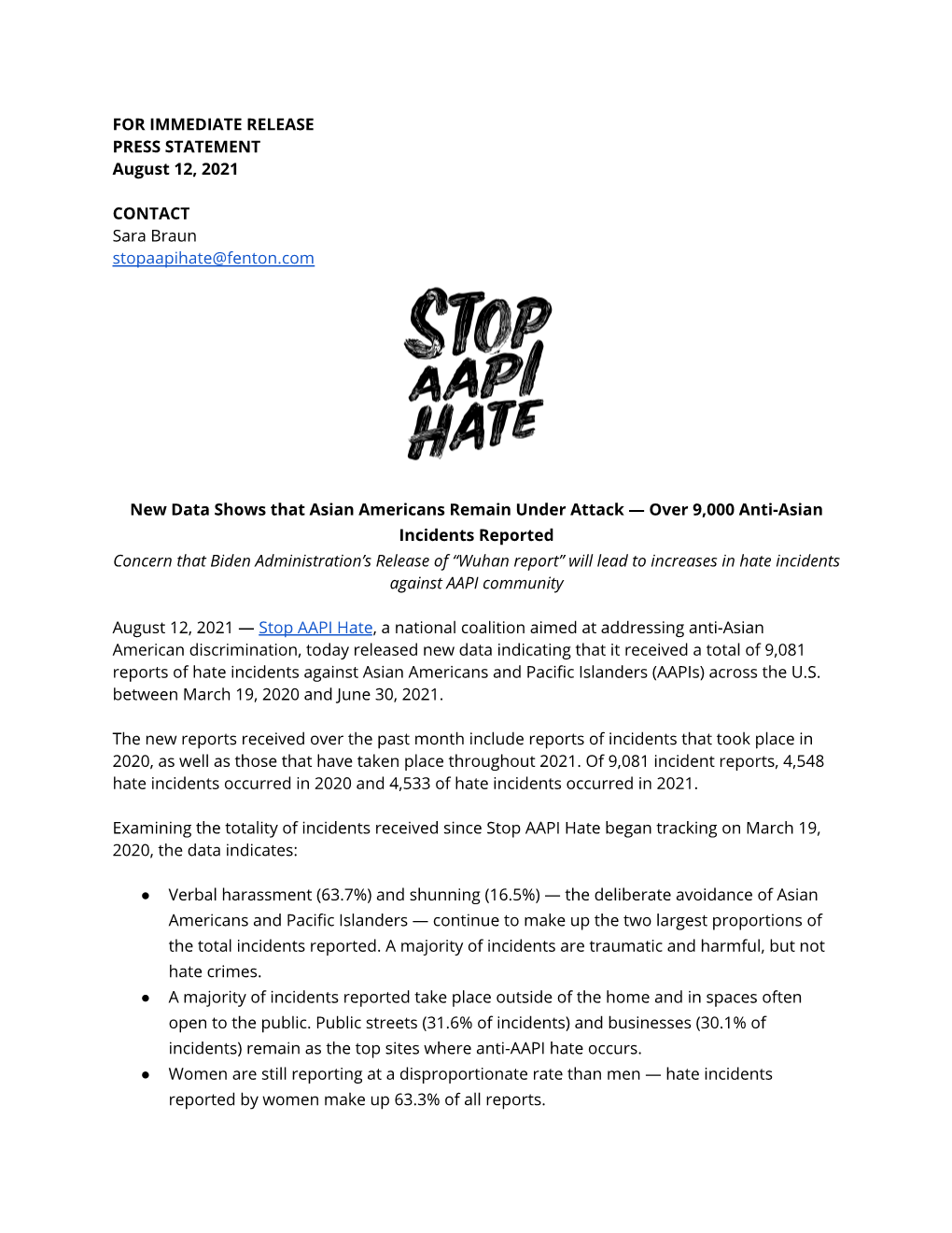Stop AAPI Hate National Report Press Release