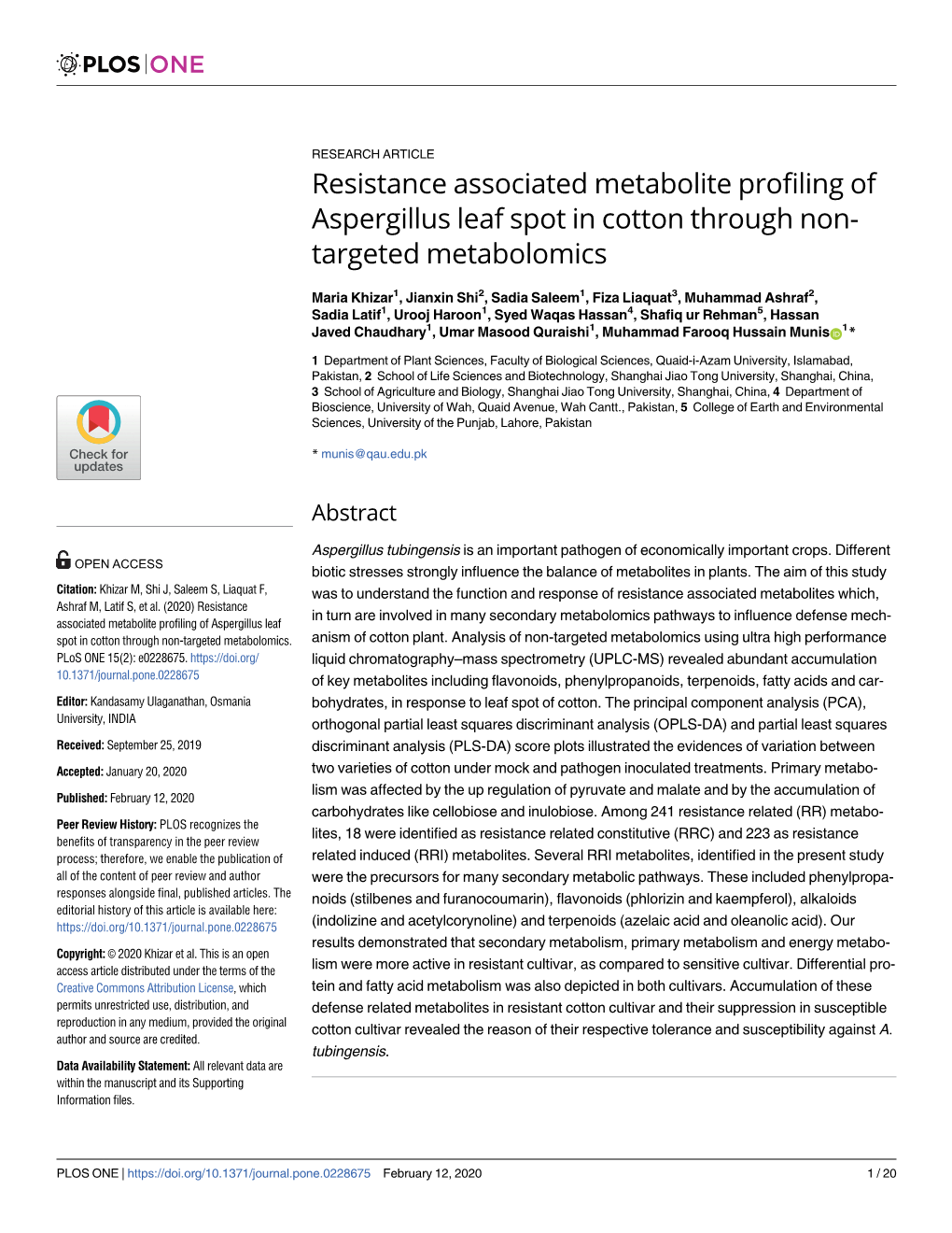 Resistance Associated Metabolite Profiling of Aspergillus Leaf Spot in Cotton Through Non-Targeted Metabolomics