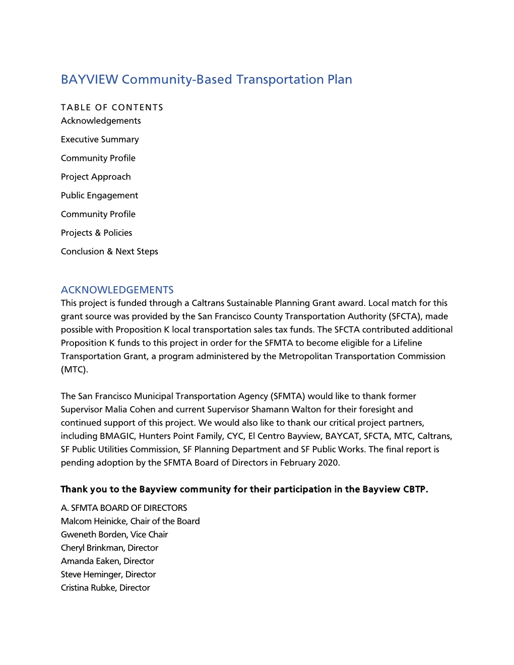 Draft Bayview Community Based Transportation Plan