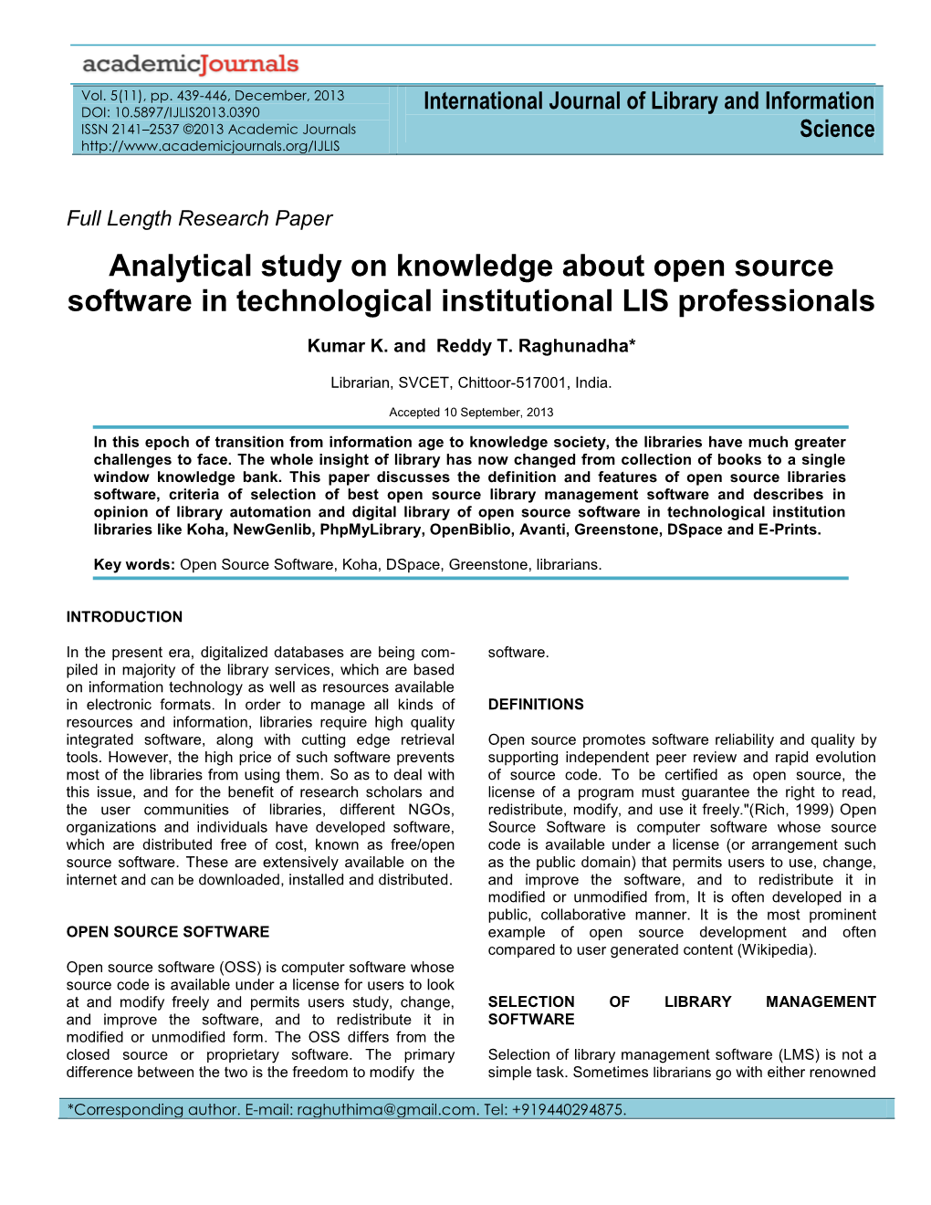 Analytical Study on Knowledge About Open Source Software in Technological Institutional LIS Professionals
