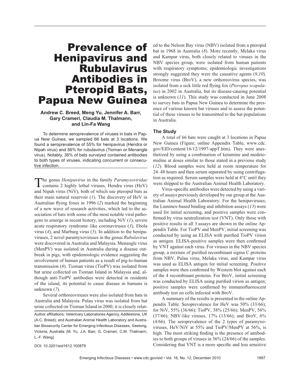 Prevalence of Henipavirus and Rubulavirus Antibodies in Pteropid