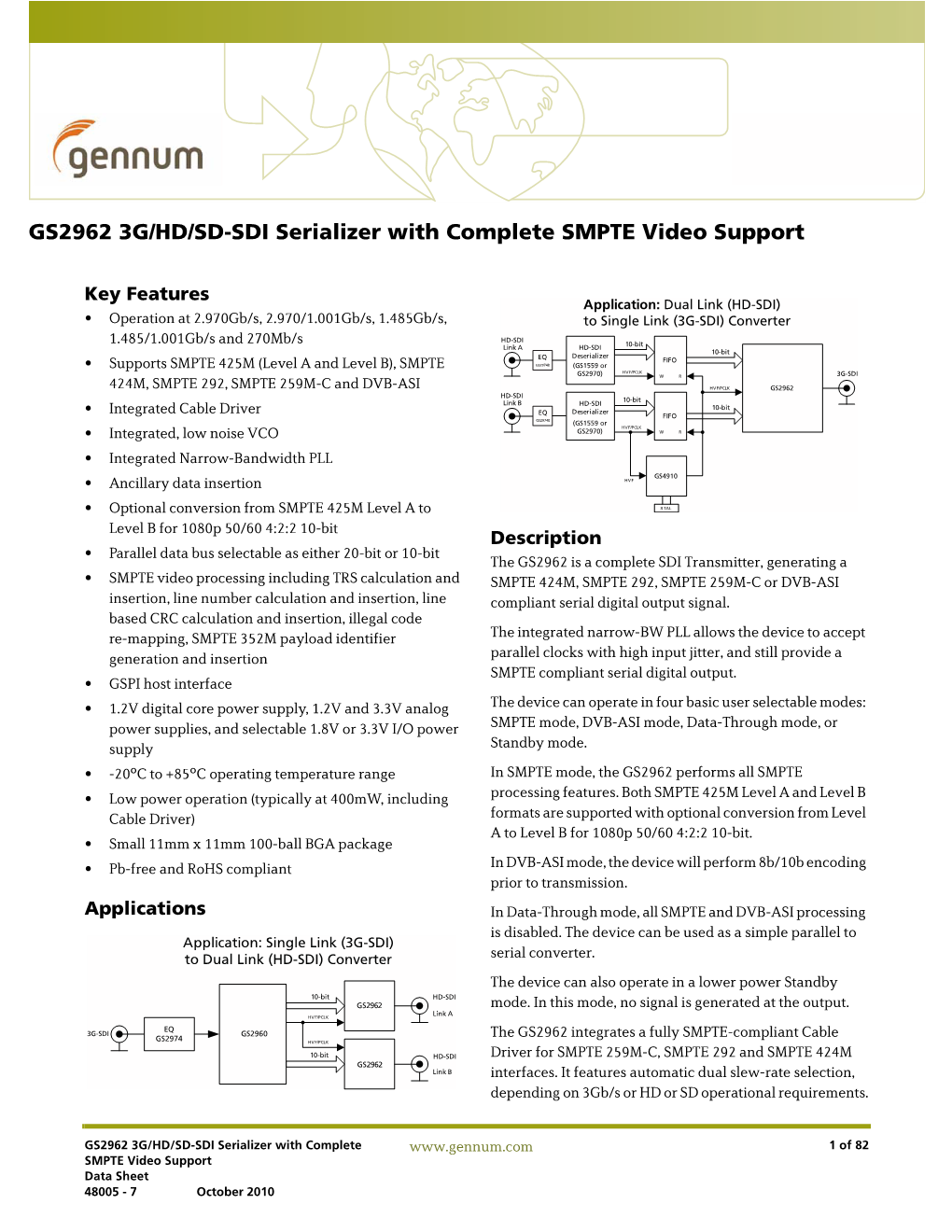 GS2962 3G/HD/SD-SDI Serializer with Complete SMPTE Video Support