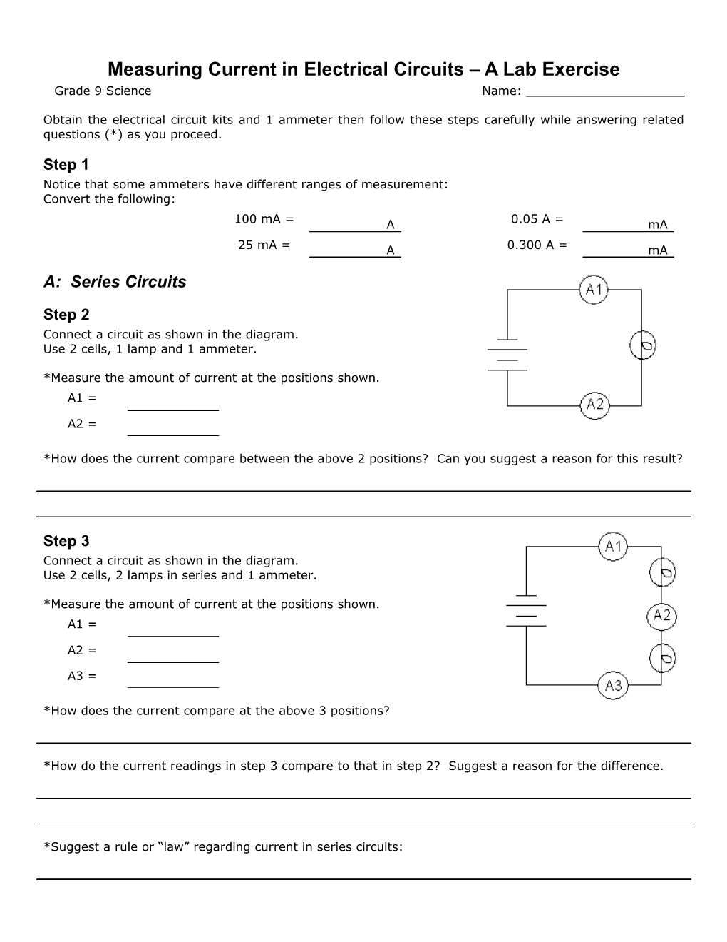 Measuring Current in Electrical Circuits a Lab Exercise