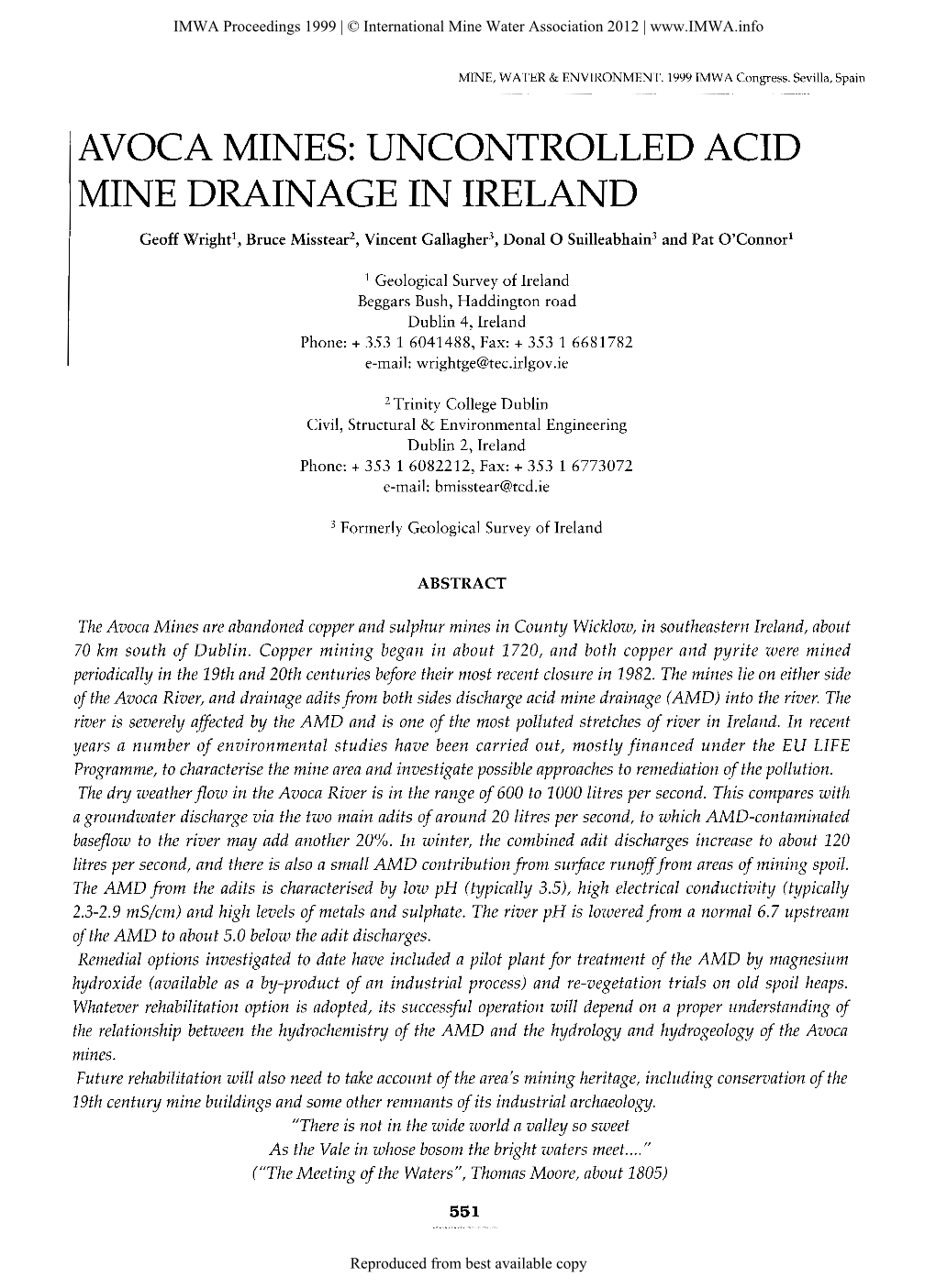 Avoca Mines: Uncontrolled Acid Mine Drainage in Ireland