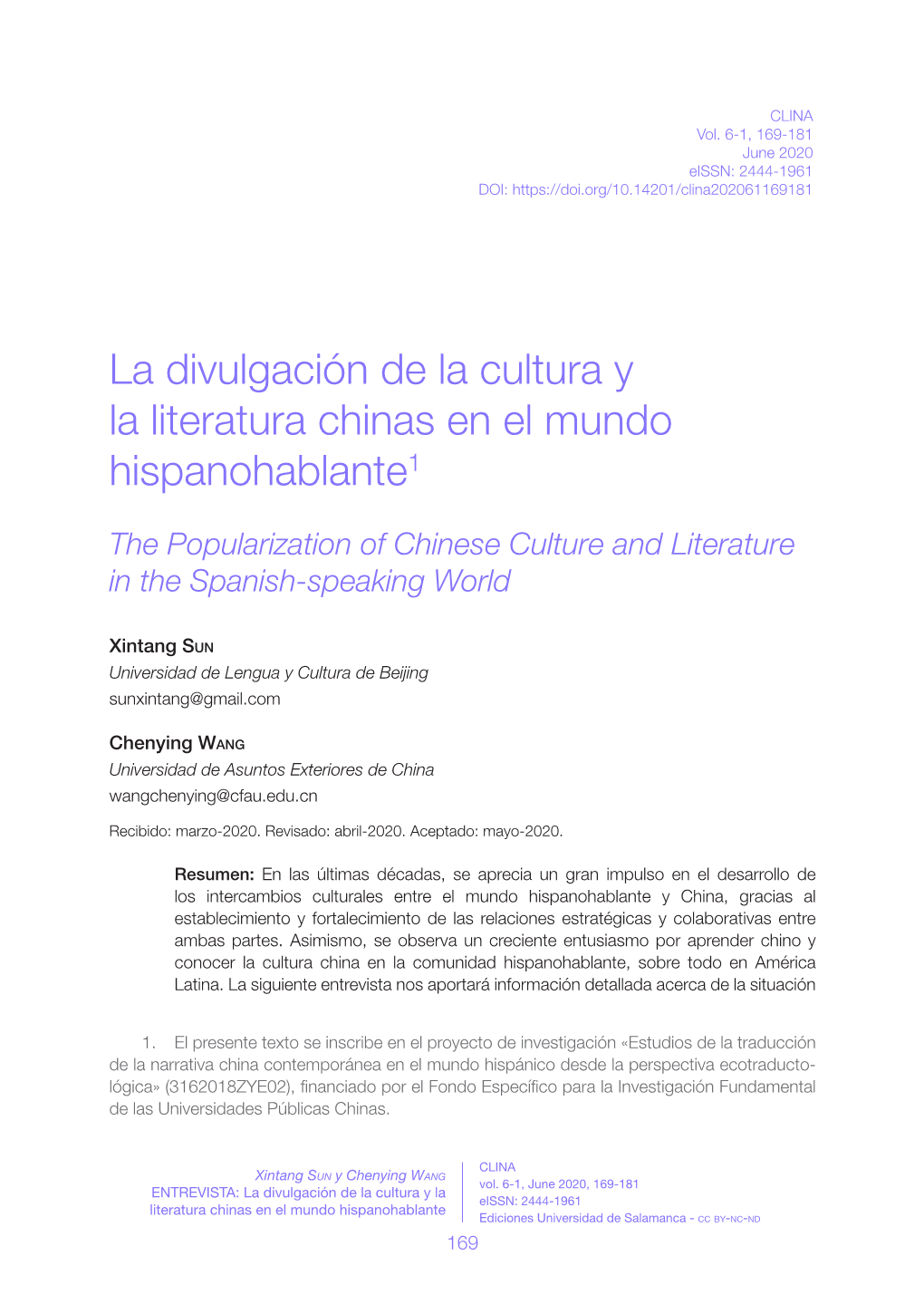 La Divulgación De La Cultura Y La Literatura Chinas En El Mundo Hispanohablante1
