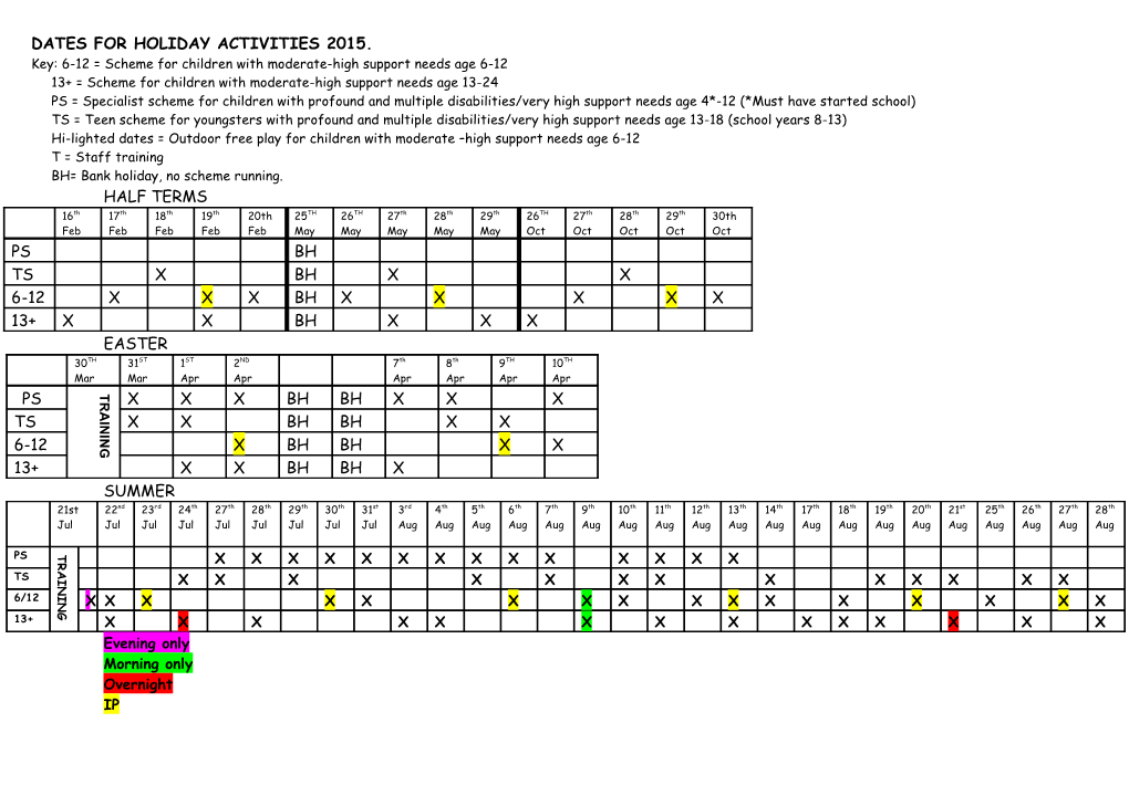 Dates for Holiday Activities