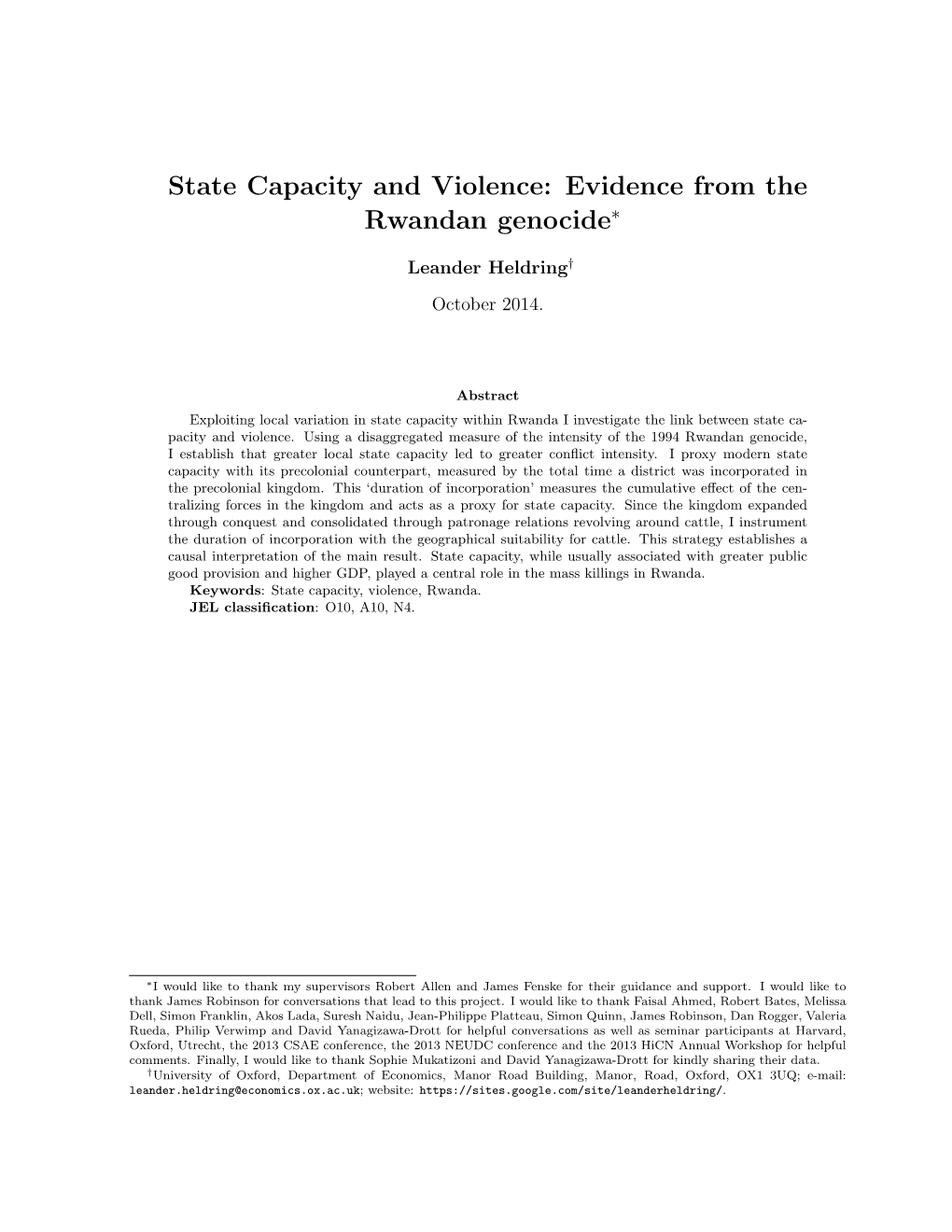 State Capacity and Violence: Evidence from the Rwandan Genocide∗