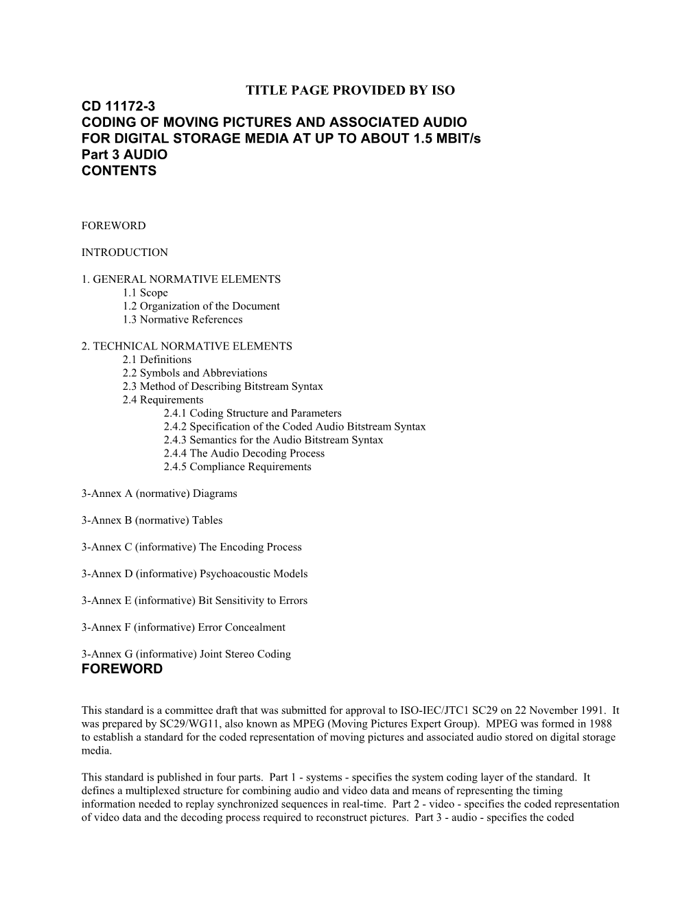 TITLE PAGE PROVIDED by ISO CD 11172-3 CODING of MOVING PICTURES and ASSOCIATED AUDIO for DIGITAL STORAGE MEDIA at up to ABOUT 1.5 MBIT/S Part 3 AUDIO CONTENTS