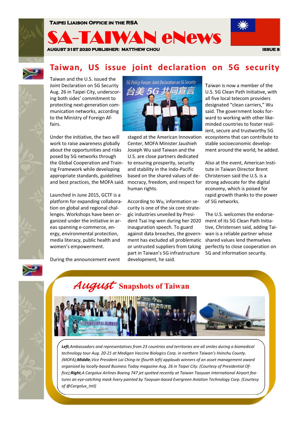 SA-TAIWAN Enews AUGUST 31ST 2020 PUBLISHER: MATTHEW CHOU ISSUE 8