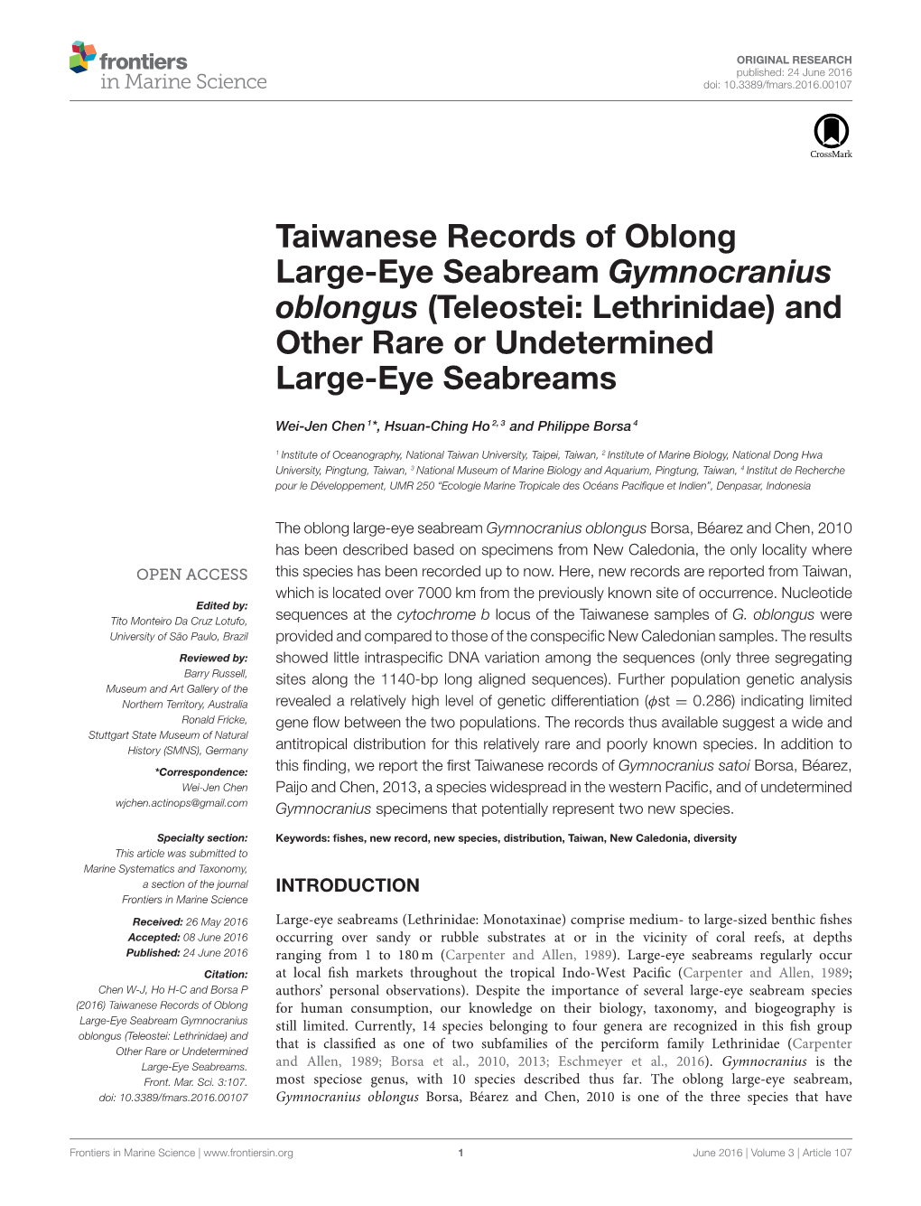 Taiwanese Records of Oblong Large-Eye Seabream Gymnocranius Oblongus (Teleostei: Lethrinidae) and Other Rare Or Undetermined Large-Eye Seabreams