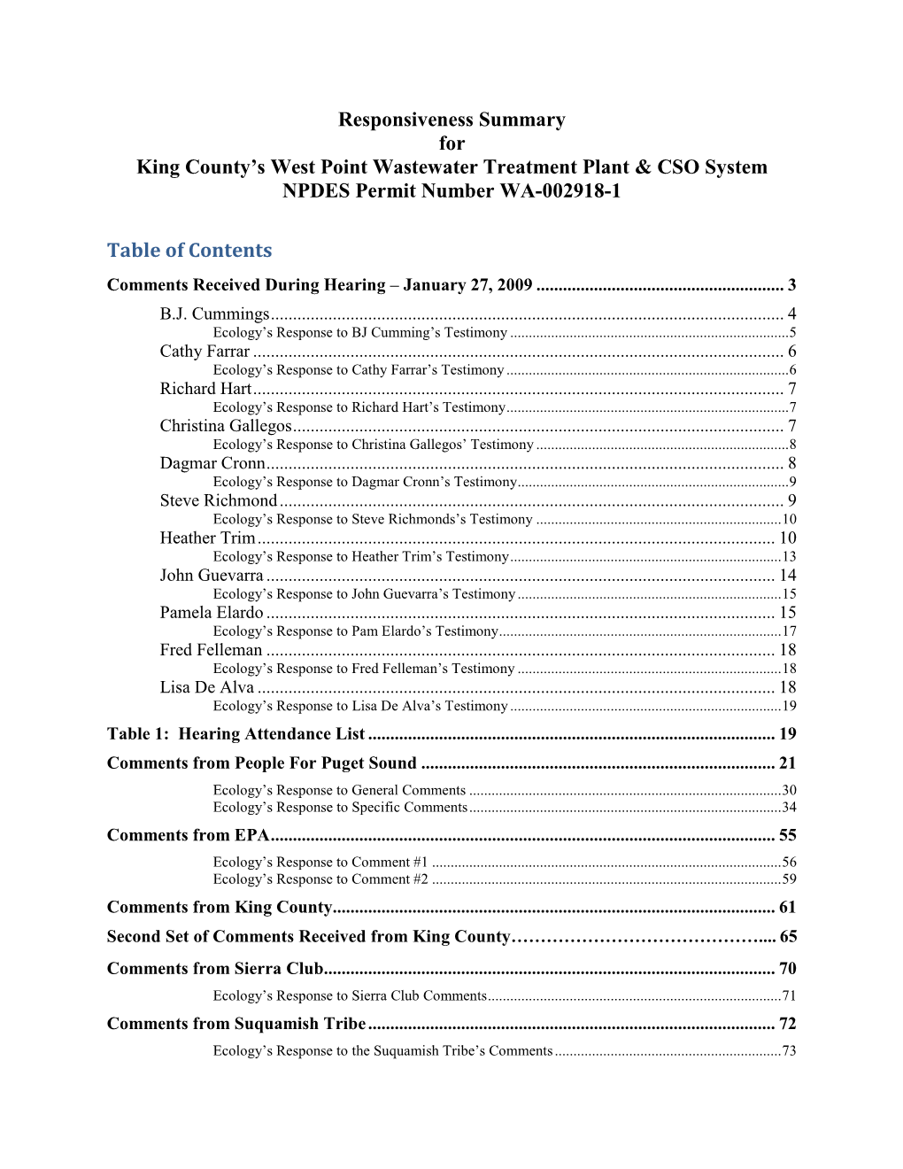 Responsiveness Summary for King County's West Point Wastewater