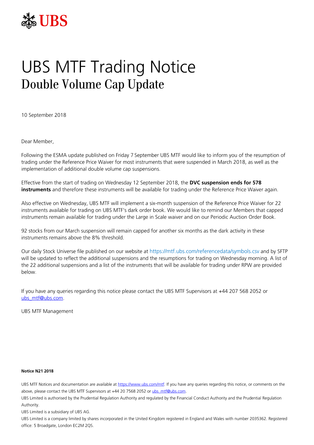 UBS MTF Trading Notice Double Volume Cap Update