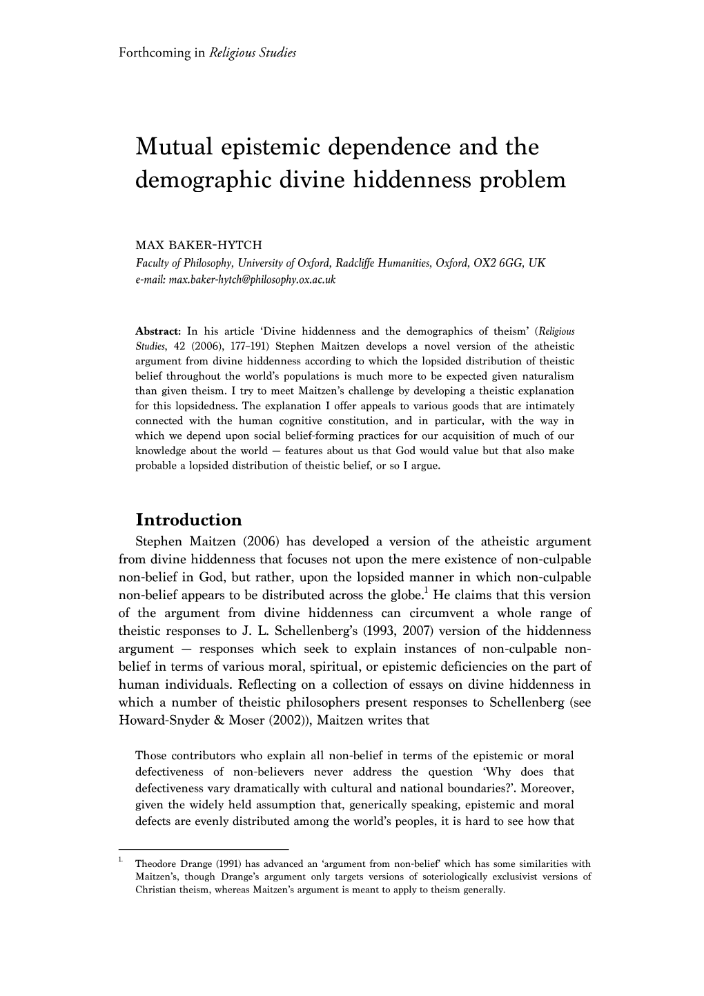 Mutual Epistemic Dependence and the Demographic Divine Hiddenness Problem