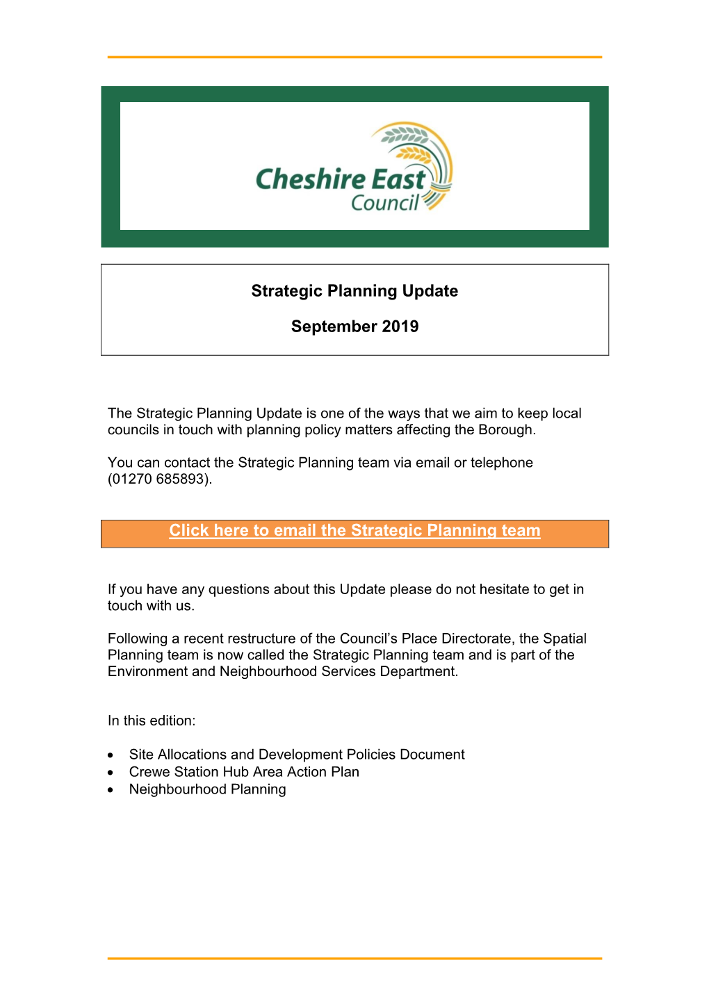 Strategic Planning Update September 2019 Click Here to Email The