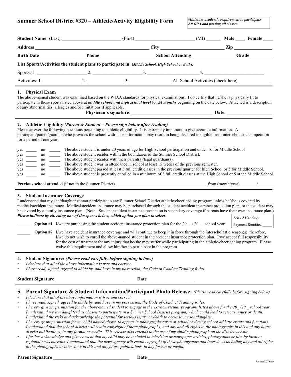 Sumner School District #320 Athletic/Activity Eligibility Form