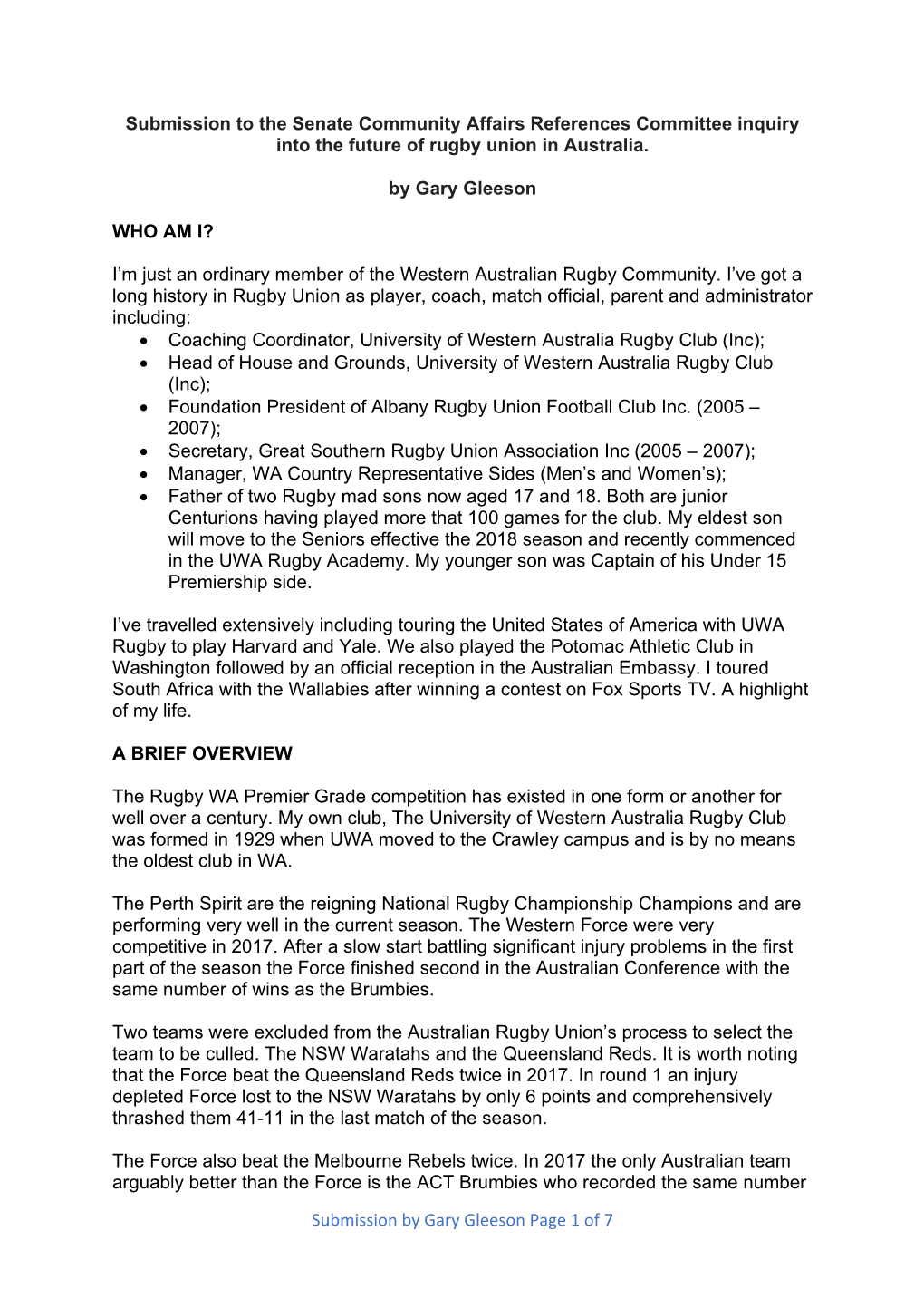 Submission by Gary Gleeson Page 1 of 7 Submission to the Senate