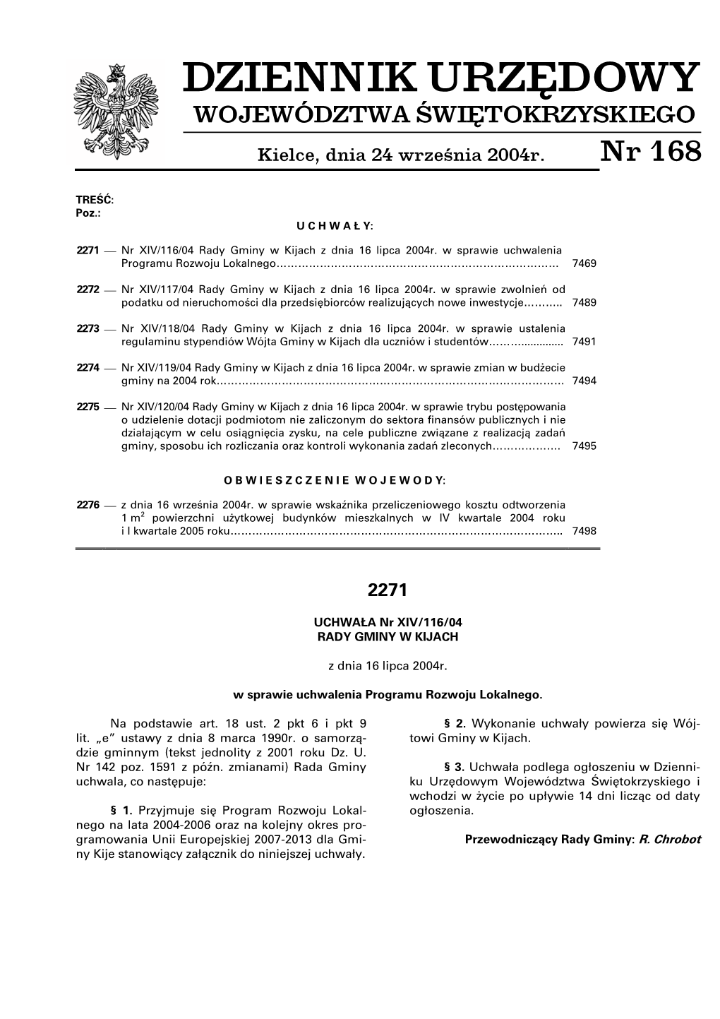 DZIENNIK URZĘDOWY WOJEWÓDZTWA ŚWIĘTOKRZYSKIEGO Kielce, Dnia 24 Września 2004R