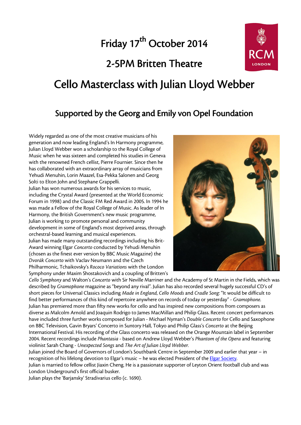 Cello Masterclass with Julian Lloyd Webber