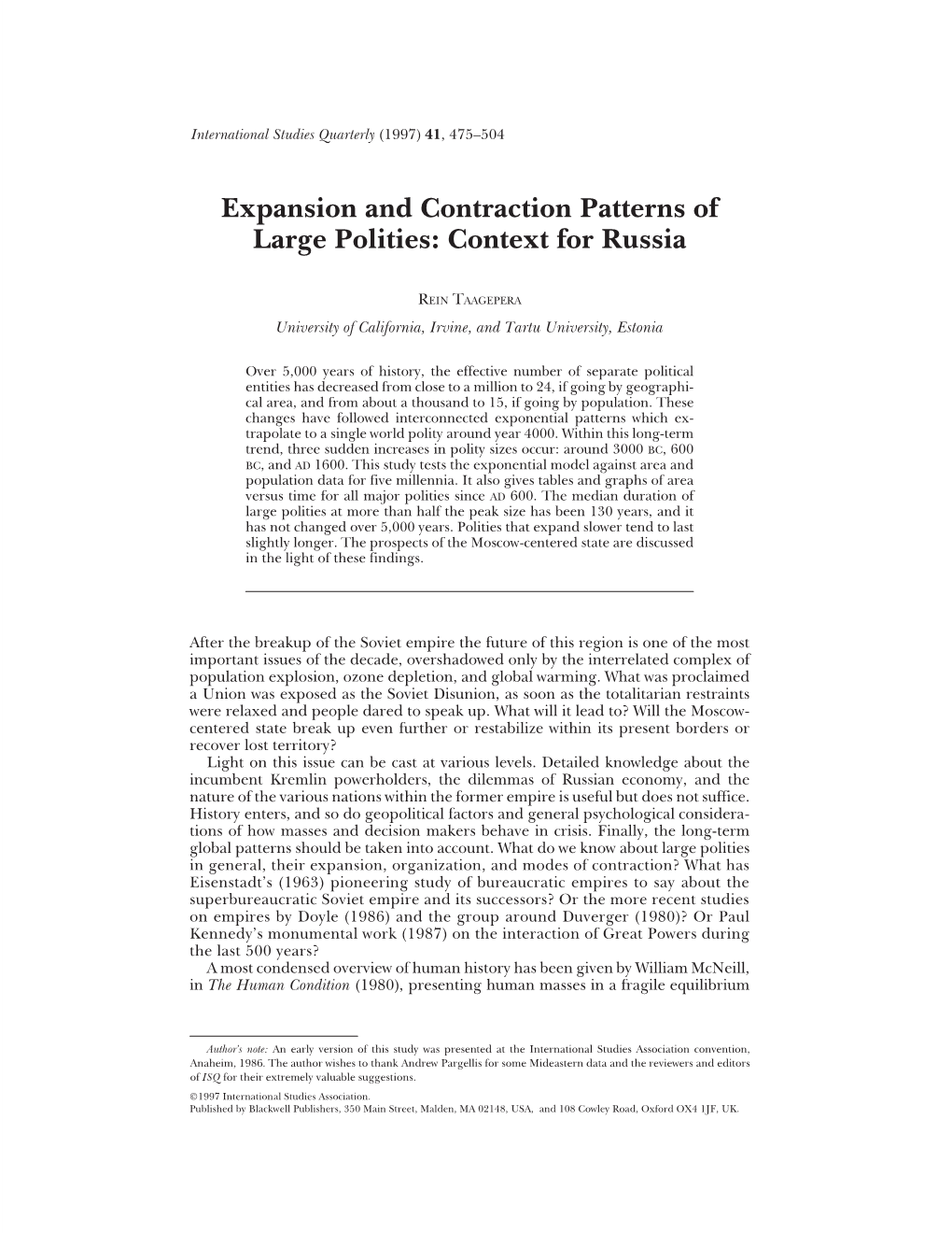 Expansion and Contraction Patterns of Large Polities: Context for Russia