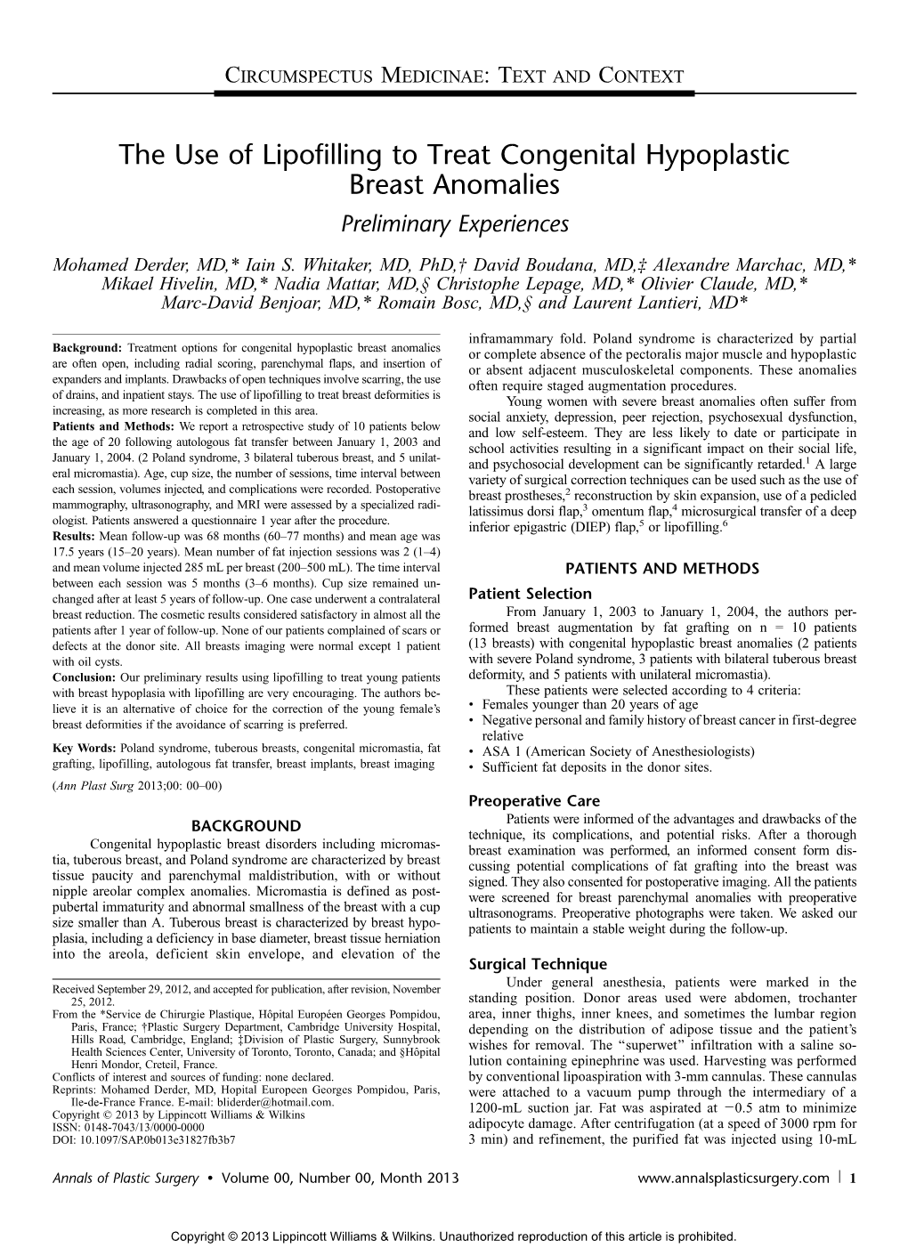 The Use of Lipofilling to Treat Congenital Hypoplastic Breast Anomalies Preliminary Experiences Mohamed Derder, MD,* Iain S