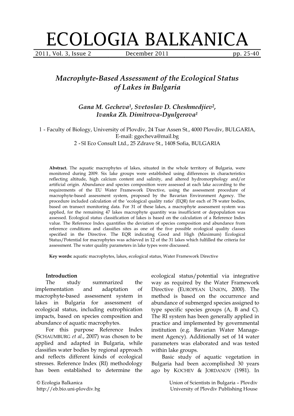 Macrophyte-Based Assessment of the Ecological Status of Lakes in Bulgaria
