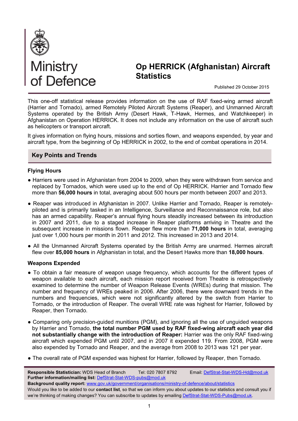 Operation Herrick (Afghanistan) Aircraft Statistics