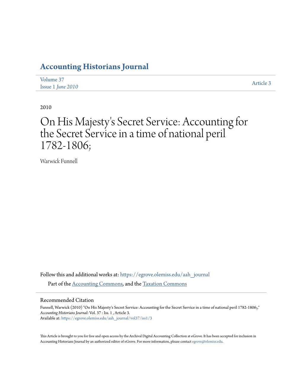 On His Majesty's Secret Service: Accounting for the Secret Service in a Time of National Peril 1782-1806; Warwick Funnell