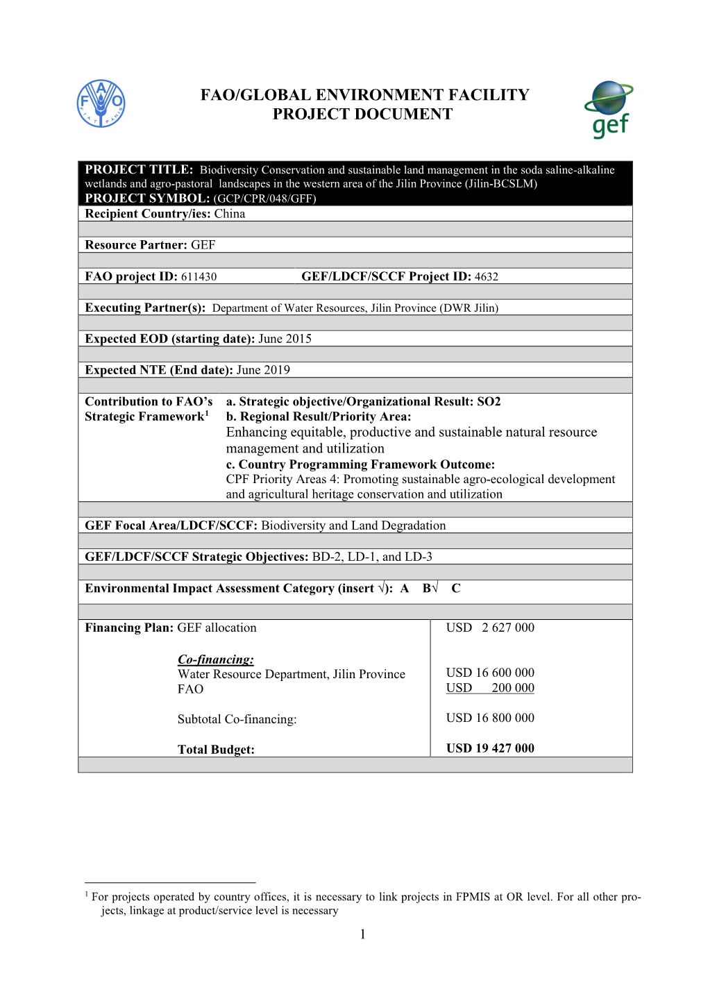 Fao/Global Environment Facility Project Document