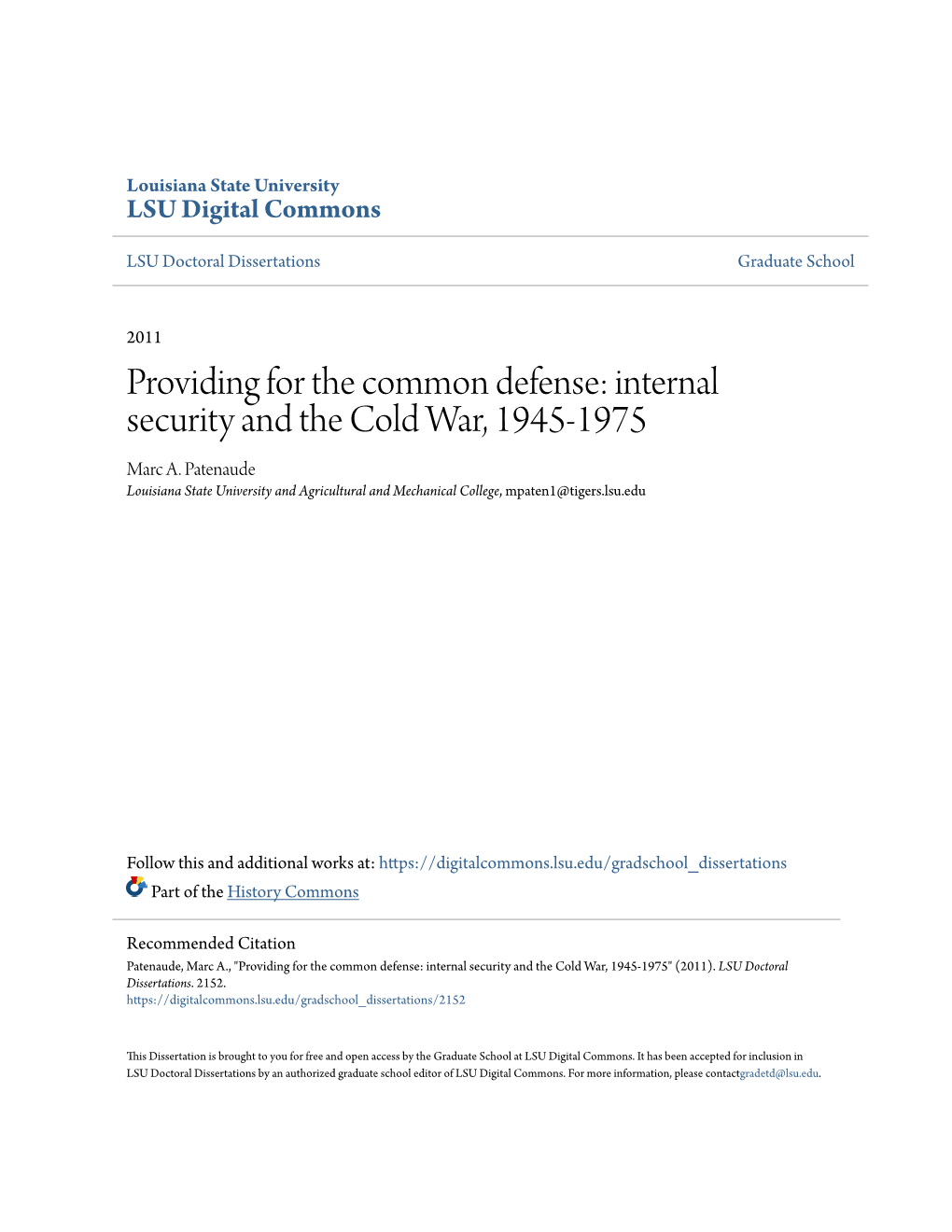 Internal Security and the Cold War, 1945-1975 Marc A