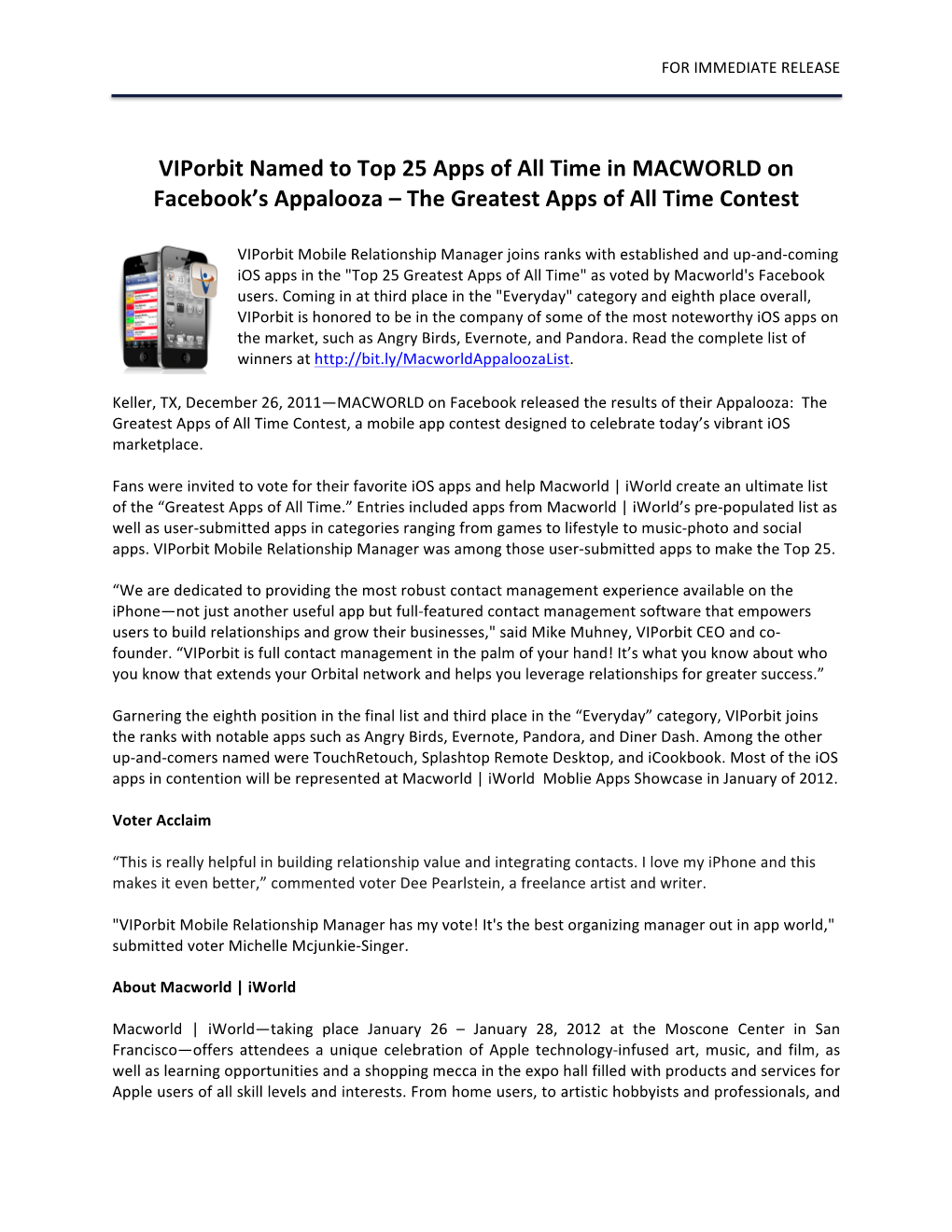 Viporbit Named to Top 25 Apps of All Time in MACWORLD on Facebook’S Appalooza – the Greatest Apps of All Time Contest