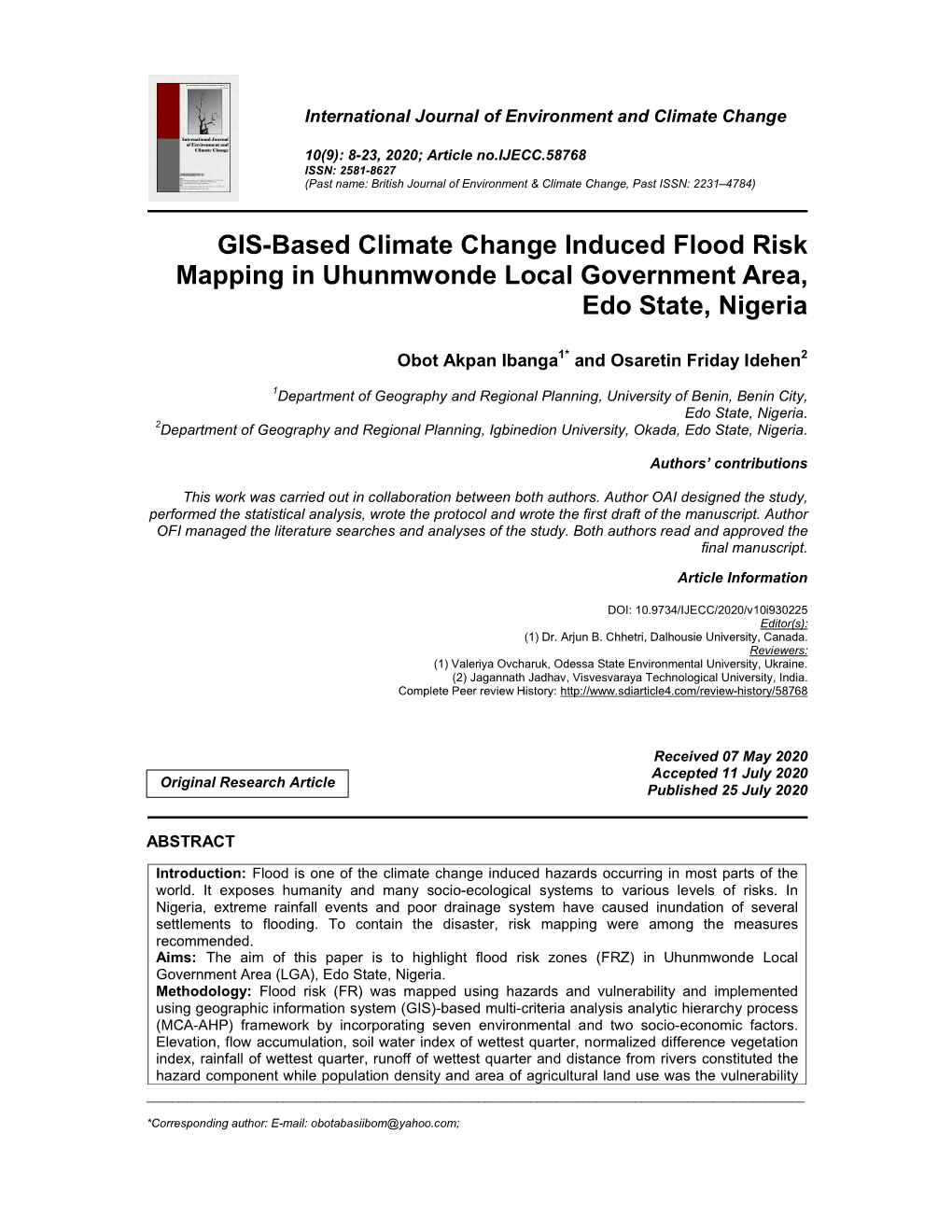 GIS-Based Climate Change Induced Flood Risk Mapping in Uhunmwonde Local Government Area, Edo State, Nigeria
