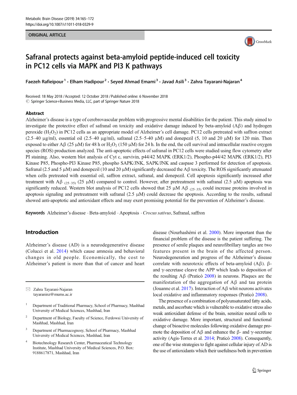 Safranal Protects Against Beta-Amyloid Peptide-Induced Cell Toxicity in PC12 Cells Via MAPK and PI3 K Pathways