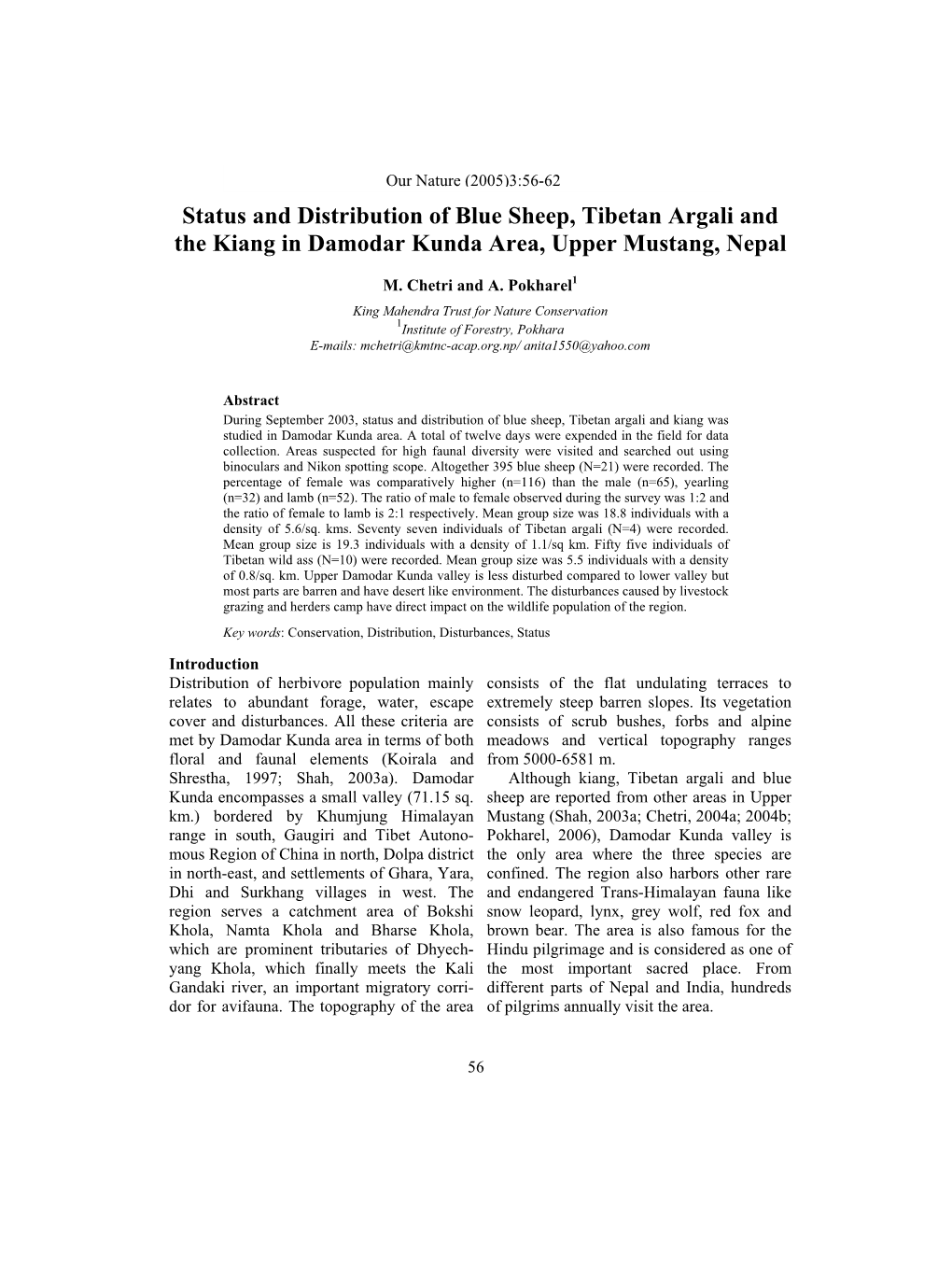 Status and Distribution of Blue Sheep, Tibetan Argali and the Kiang in Damodar Kunda Area, Upper Mustang, Nepal