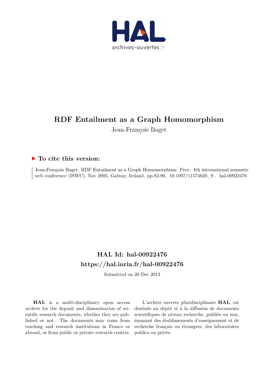RDF Entailment As a Graph Homomorphism Jean-François Baget