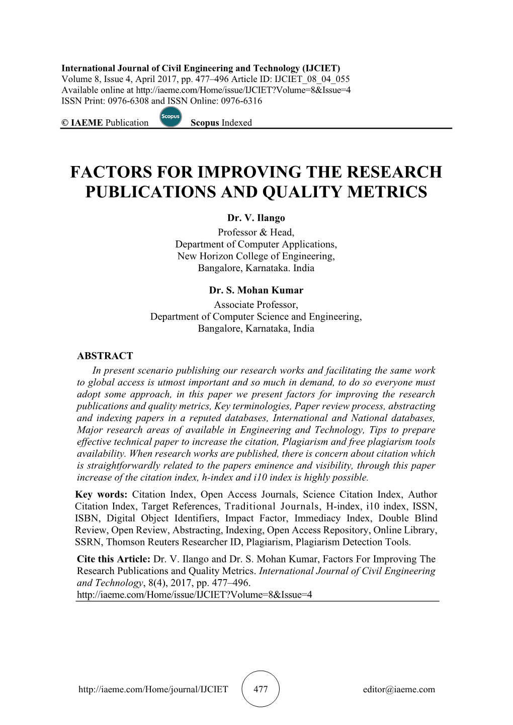 Factors for Improving the Research Publications and Quality Metrics