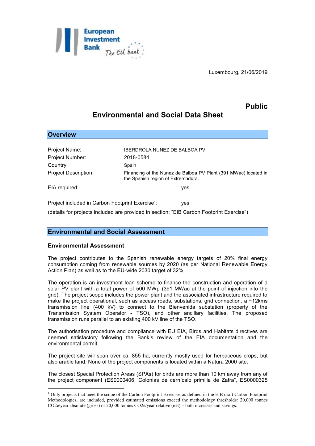 Environmental and Social Data Sheet