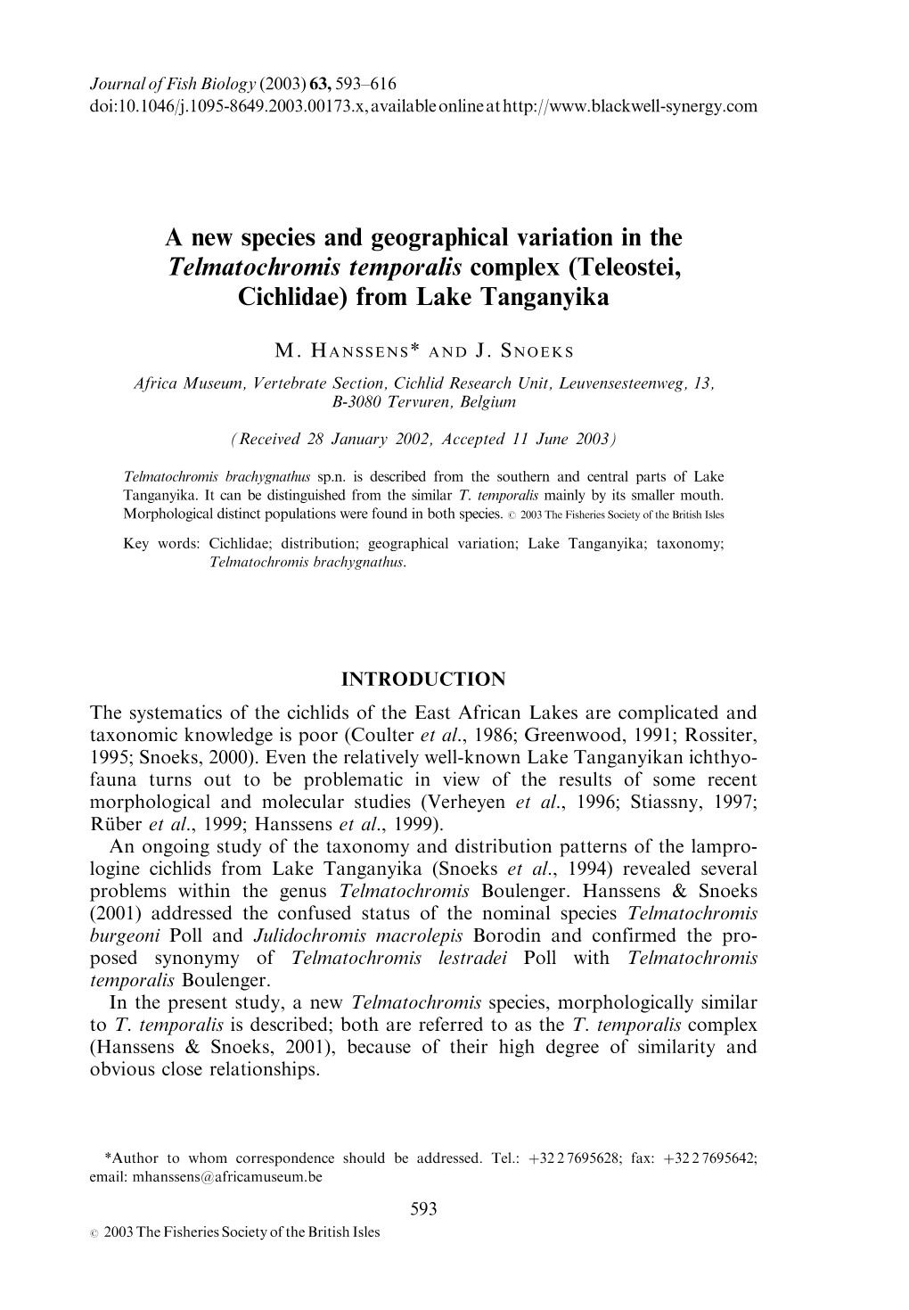 A New Species and Geographical Variation in the Telmatochromis Temporalis Complex (Teleostei, Cichlidae) from Lake Tanganyika